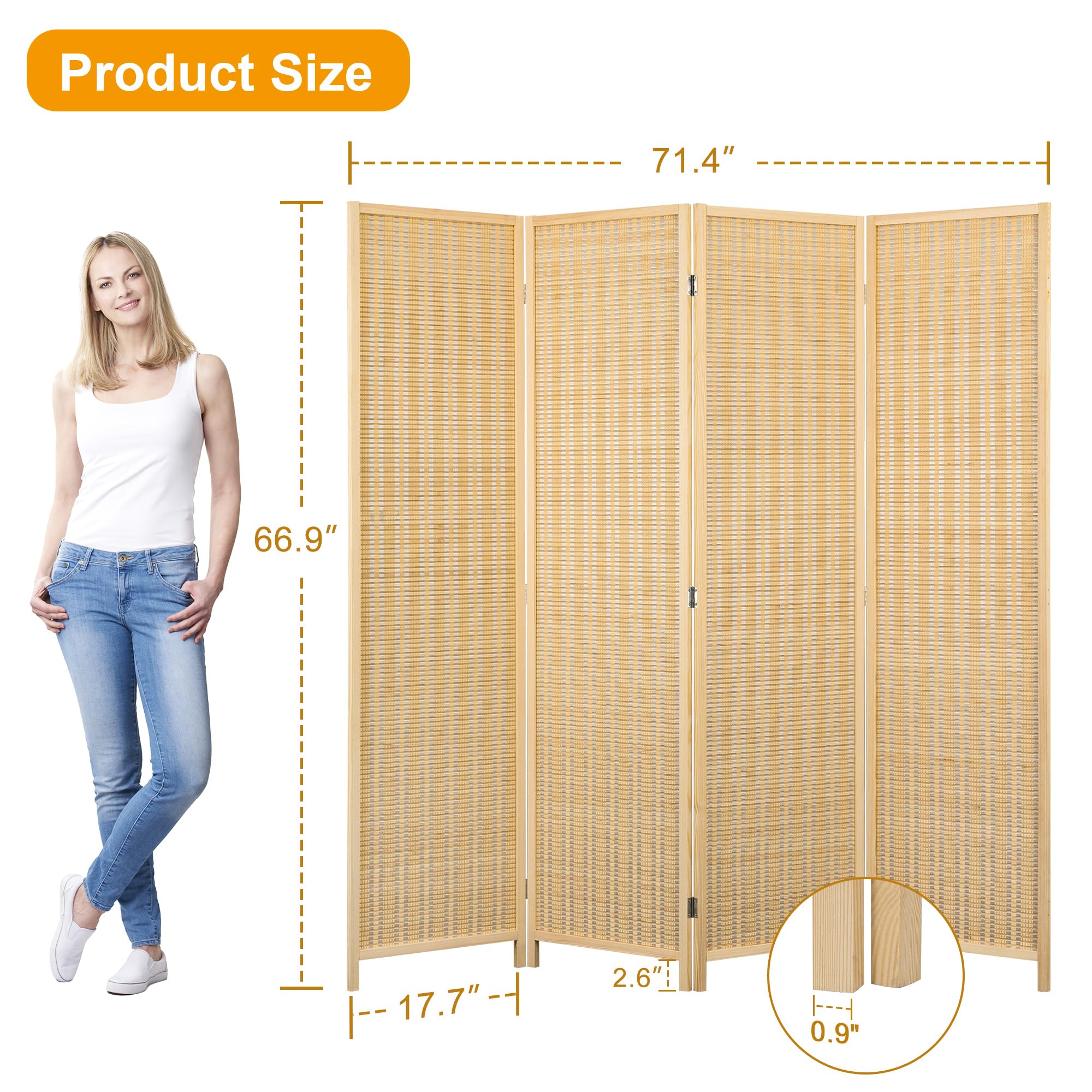 4 Panel Bamboo Room Divider - Folding Privacy Screen & Partition Wall for Living Room, Bedroom, Office - 66.9