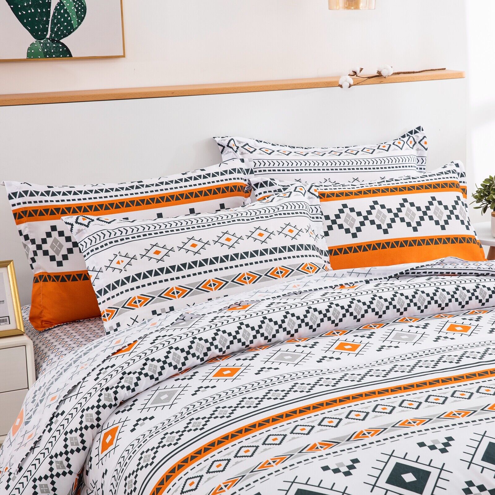 Boho Comforter Set Queen Size - Reversible Orange Geometric 3-Piece Bedding Collection for Cozy Bedroom Decor & Bohemian Style Home