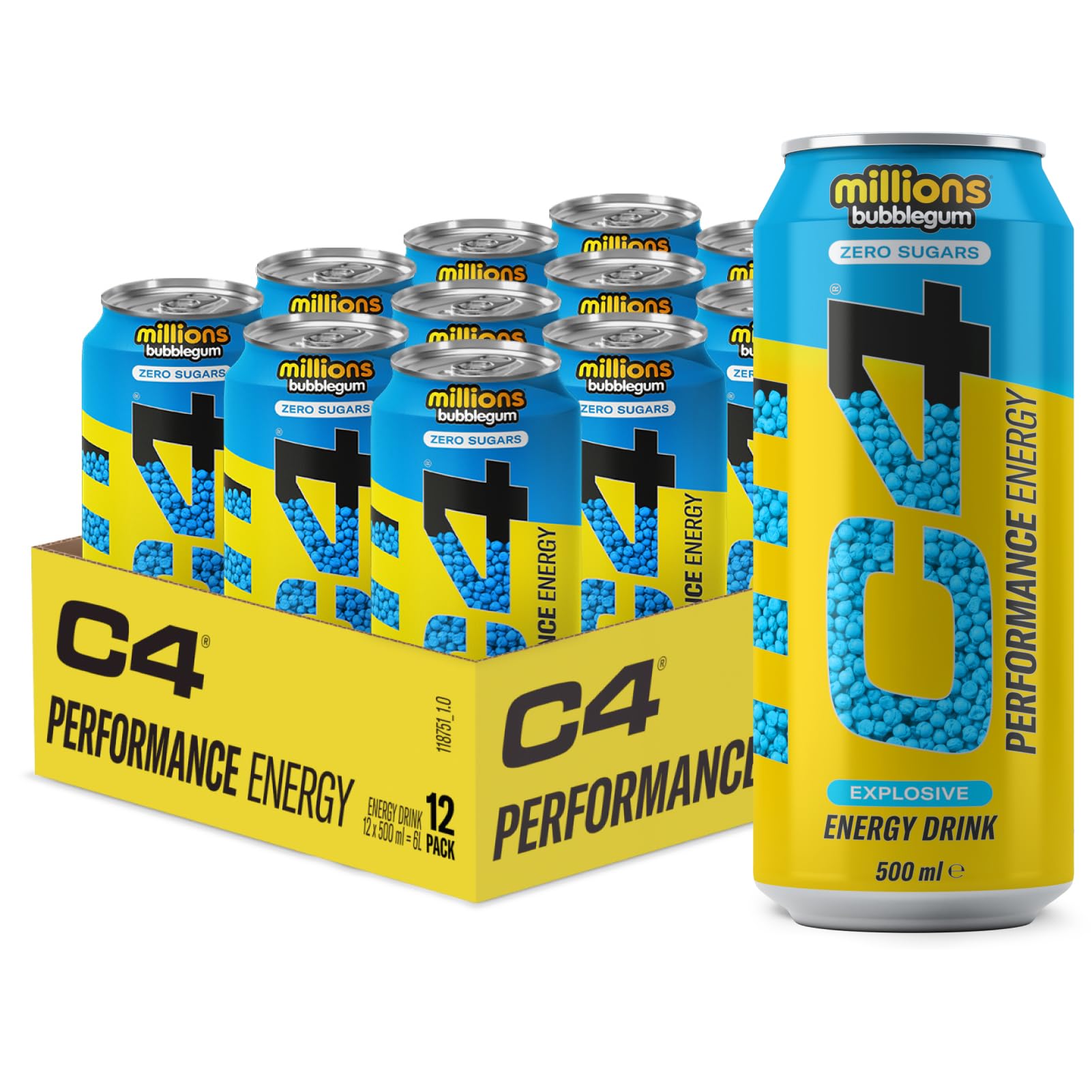Cellucor C4 Performance Energy Carbonated RTD Drink - 12 Pack (500ml Each) - Millions Bubblegum Flavor - Pre-Workout Energy Boost for Gym & Fitness