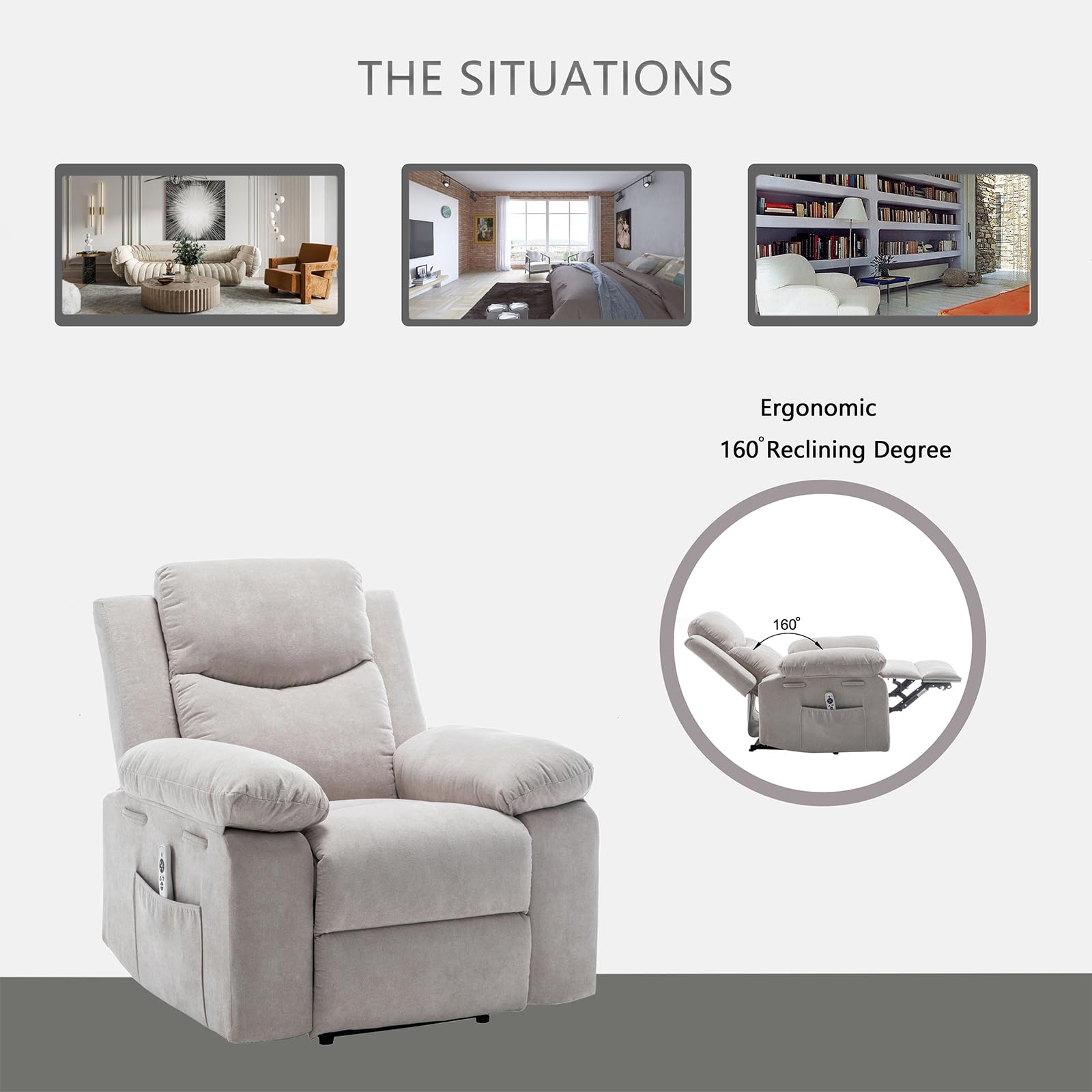 Adjustable Power Recliner Chair with Massage & Heating - Electric Lift Reclining Sofa for Living Room, Bedroom - Ergonomic Comfort for Relaxation, Watching TV & Napping (Beige)