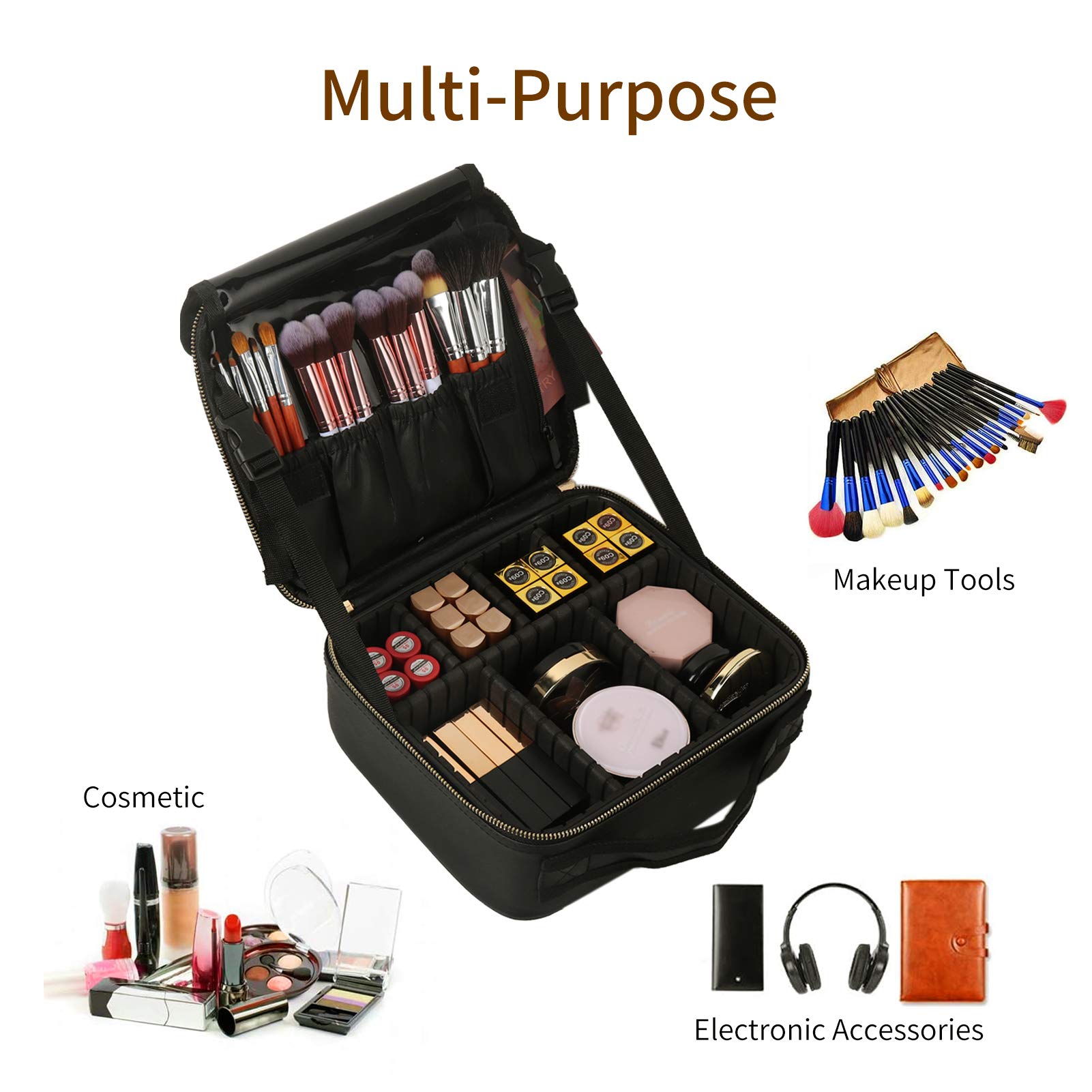 WENSEN Professional Makeup Train Case - Travel Cosmetic Organizer with Dividers for Brushes & Accessories (Black+White) | Perfect for Makeup Artists & Travel