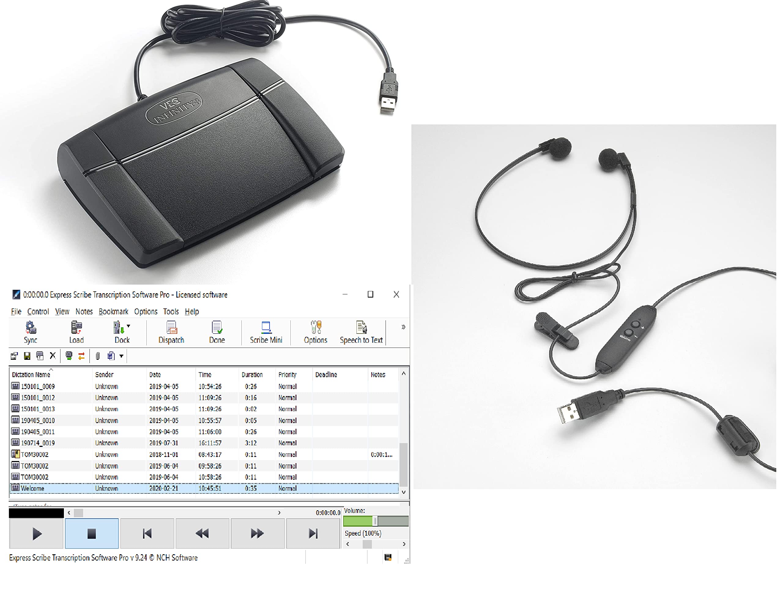 VEC Infinity 3 USB Foot Pedal Bundle with Spectra USB Headset & Express Scribe Pro License - Black | Transcription Equipment for Medical, Legal & Court Reporting | Hands-Free Audio Control for Dictation & Transcription Work