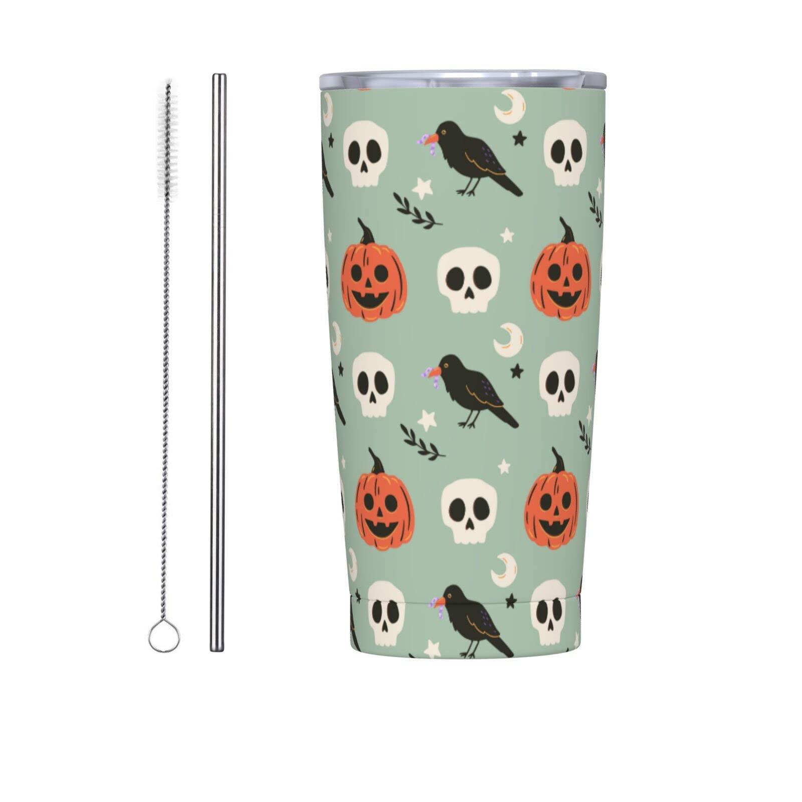 Halloween Raven Skull Pumpkin Tumbler - 20oz Insulated Travel Coffee Mug with Flip Lid | Perfect Gift for Dad, Mom, Friends Birthday | Great for Halloween Parties, Office Use & Outdoor Adventures