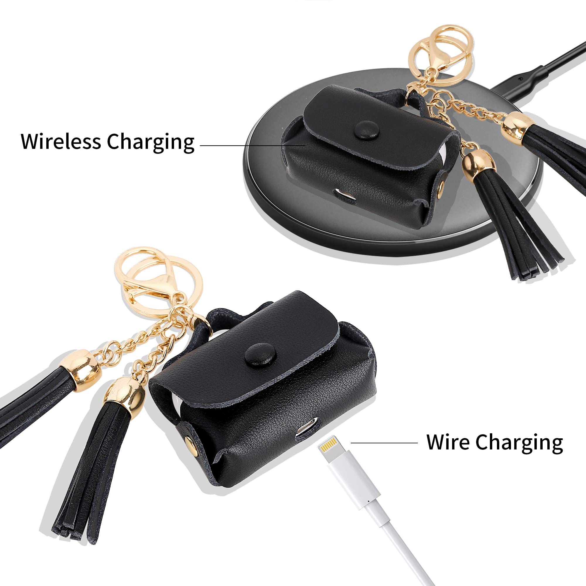 Premium Genuine Leather Charging Case Cover for Apple AirPods Pro 1st & 2nd Gen (2019-2022) - Black with Elegant Tassels | Protective Case for Wireless Charging | Perfect for Travel, Gym & Daily Commute