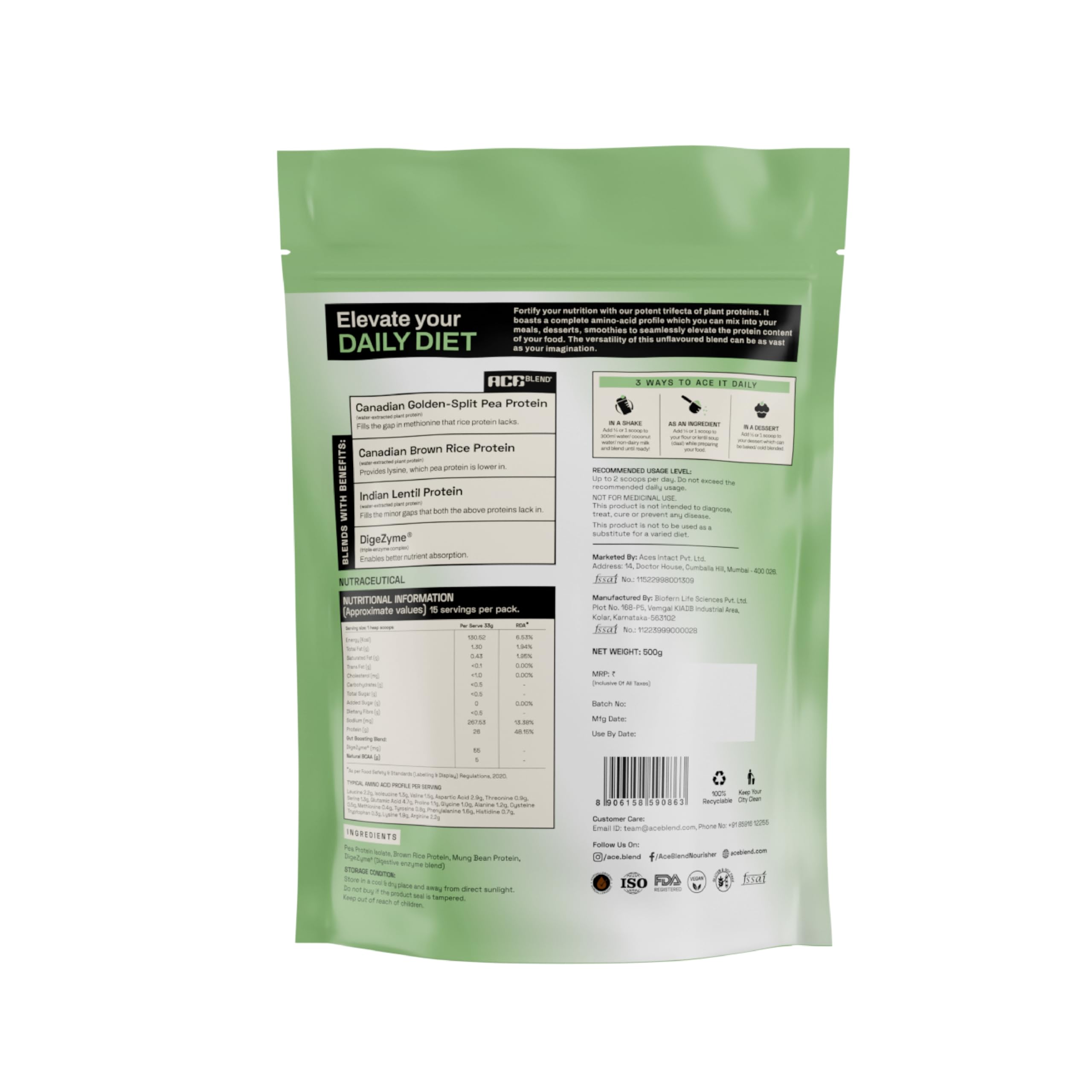 Ace Blend Plant Protein Complex - 26G Protein Per Serving | Unflavored Vegan Protein Powder with Golden-Split Pea, Canadian Brown Rice & Indian Lentil Protein | DigeZyme for Easy Digestion | 100% Gut Friendly | Perfect for Post-Workout Recovery & Smoothie Boosts