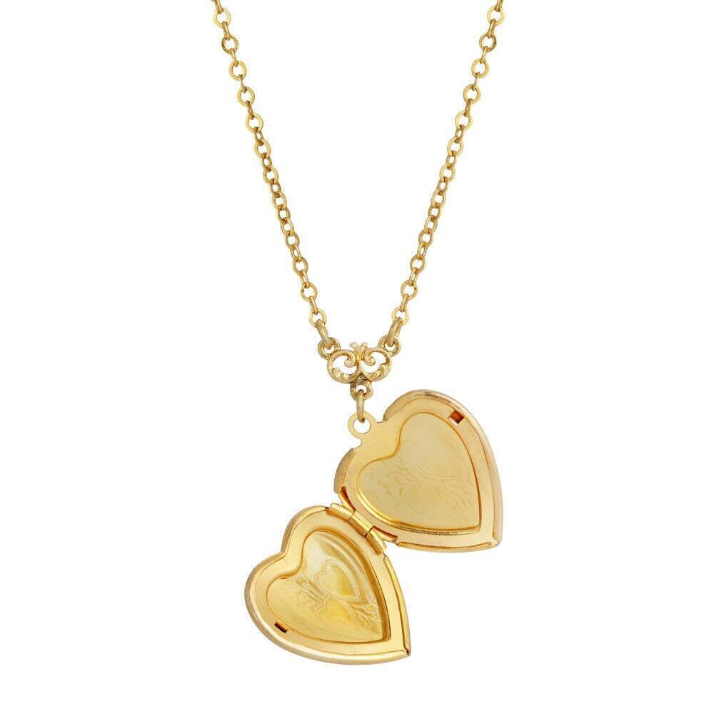 Vintage 1928 Heart Locket Necklace with Pink Rose Design - 16