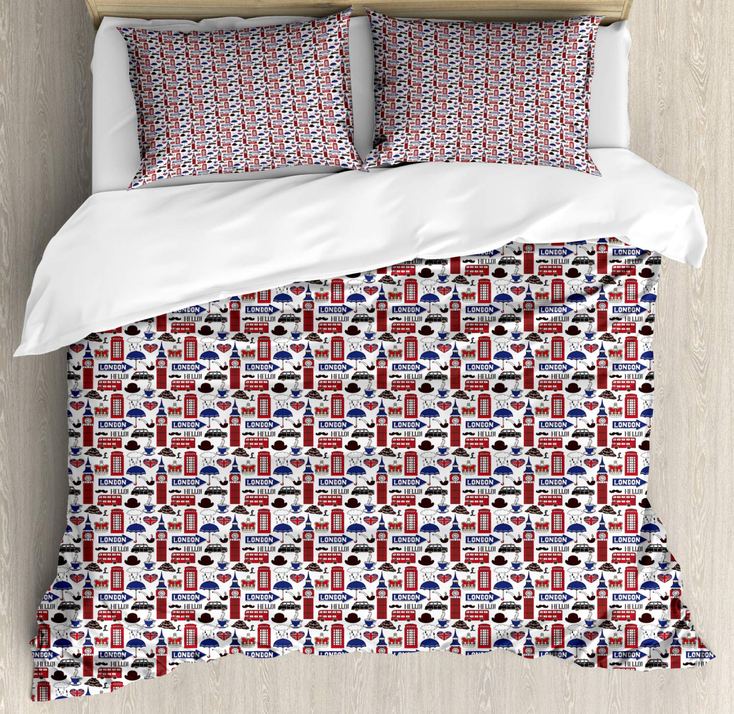 Ambesonne London Duvet Cover Set 3-Piece - Famous UK Landmarks & Travel Destinations Design - California King Size Bedding with 2 Pillow Shams - Paprika Multicolor - Perfect for Home Decor, Guest Rooms & British-Themed Bedrooms