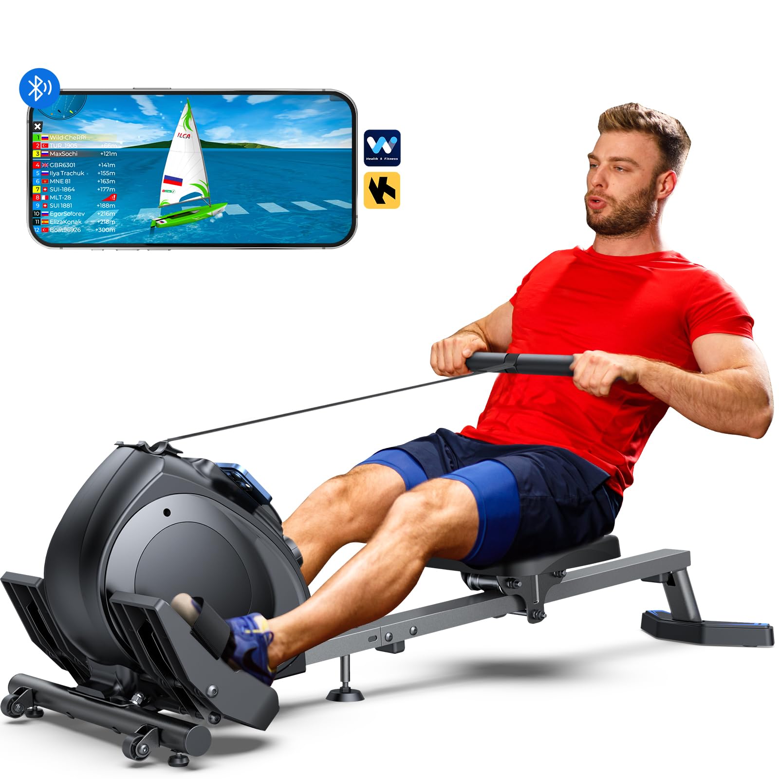 WELLFIT Magnetic Rowing Machine for Home - Compact Foldable Rower with 8-Level Resistance (300lbs Capacity) | Perfect for Small Spaces & Full-Body Workouts | Compatible with Kinomap App for Interactive Training