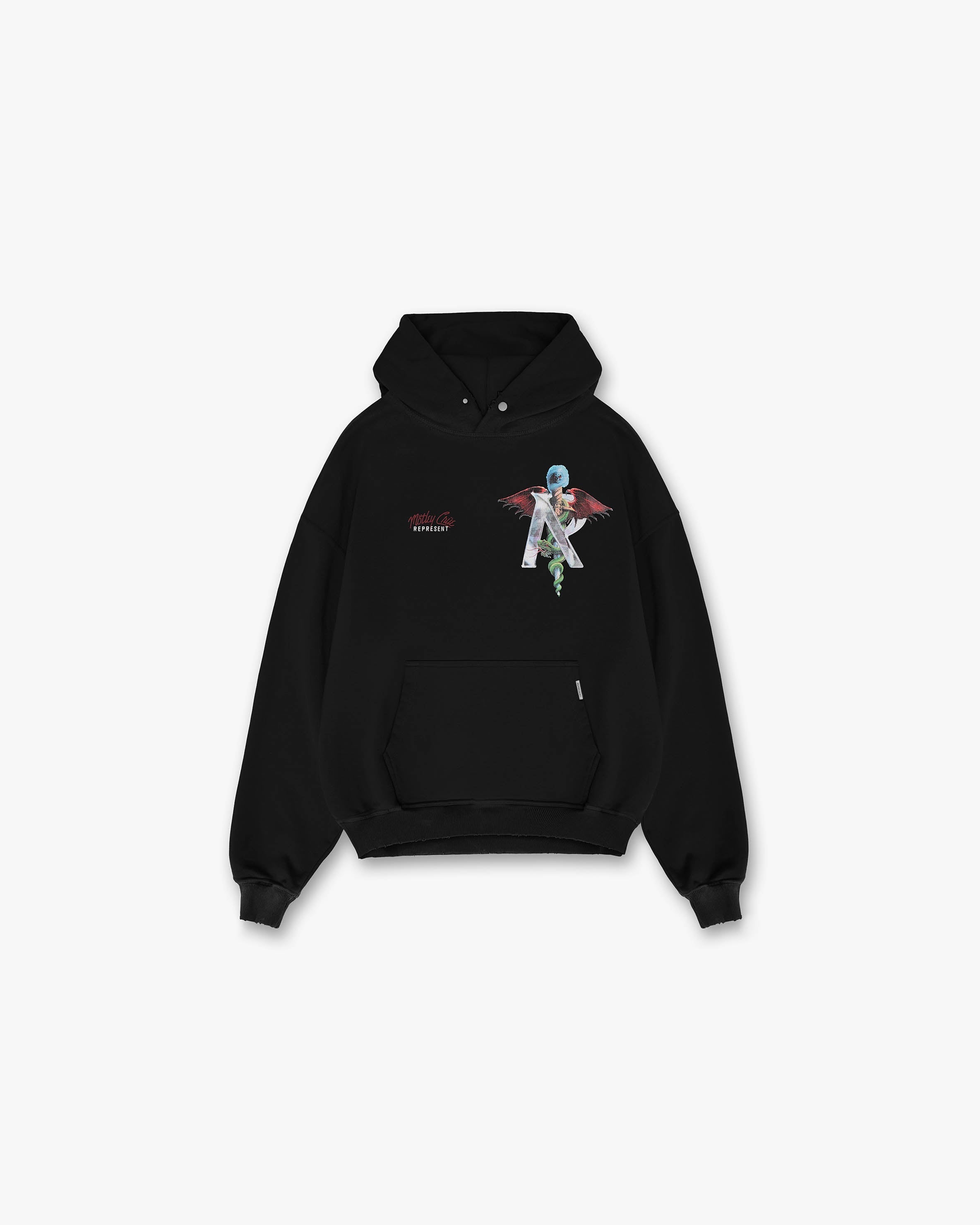 Represent x Mötley Crüe™️ Initial Hoodie - Off Black | Vintage Band Merch for Men & Women | Perfect for Concerts, Streetwear & Casual Outfits