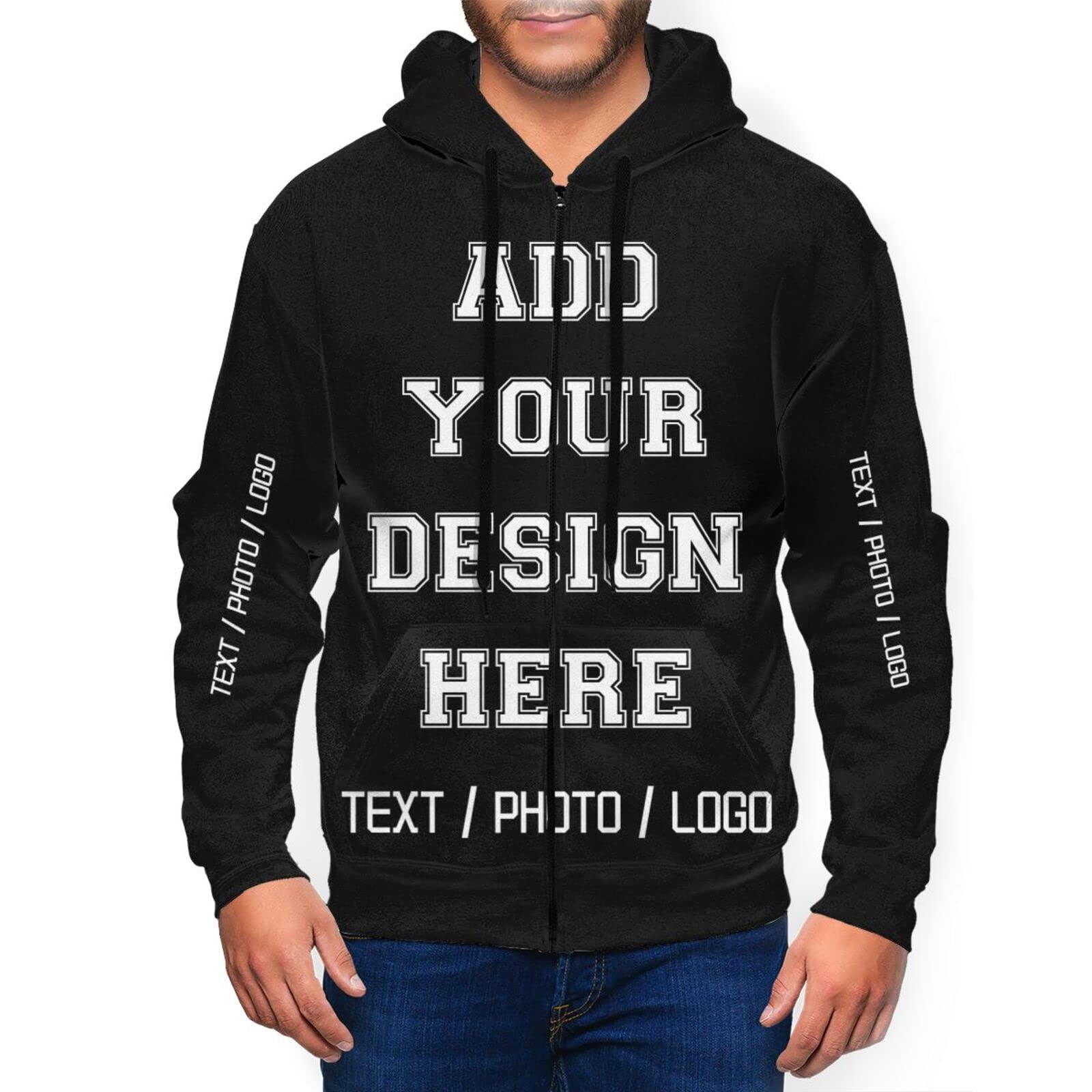 Custom Printed Hoodie with Photo/Text - Long Sleeve Zip Up Hooded Sweatshirt for Casual Wear