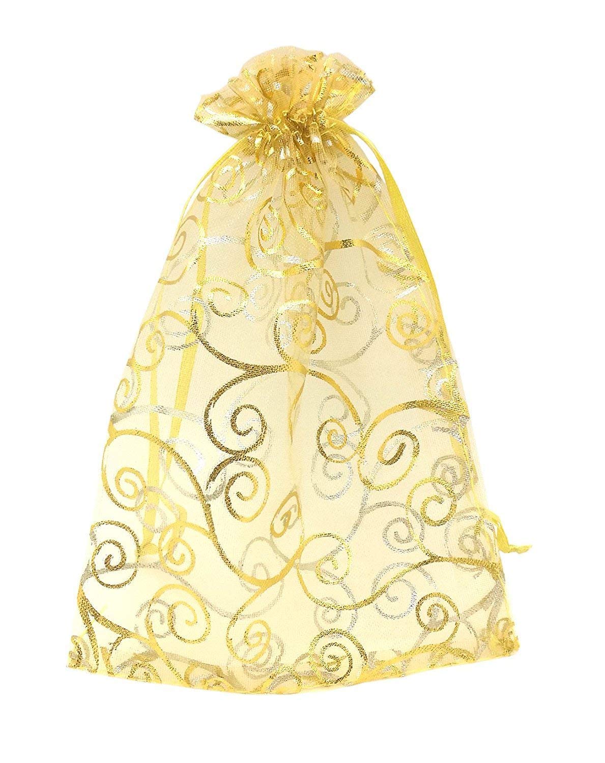 50Pcs Sheer Organza Gift Bags for Wedding Favors, Baby Shower, Party - Rattan Print Drawstring Pouches (4x6 Inches, Gold) | Elegant Packaging for Jewelry, Candies, Wedding Invitations & Party Favors