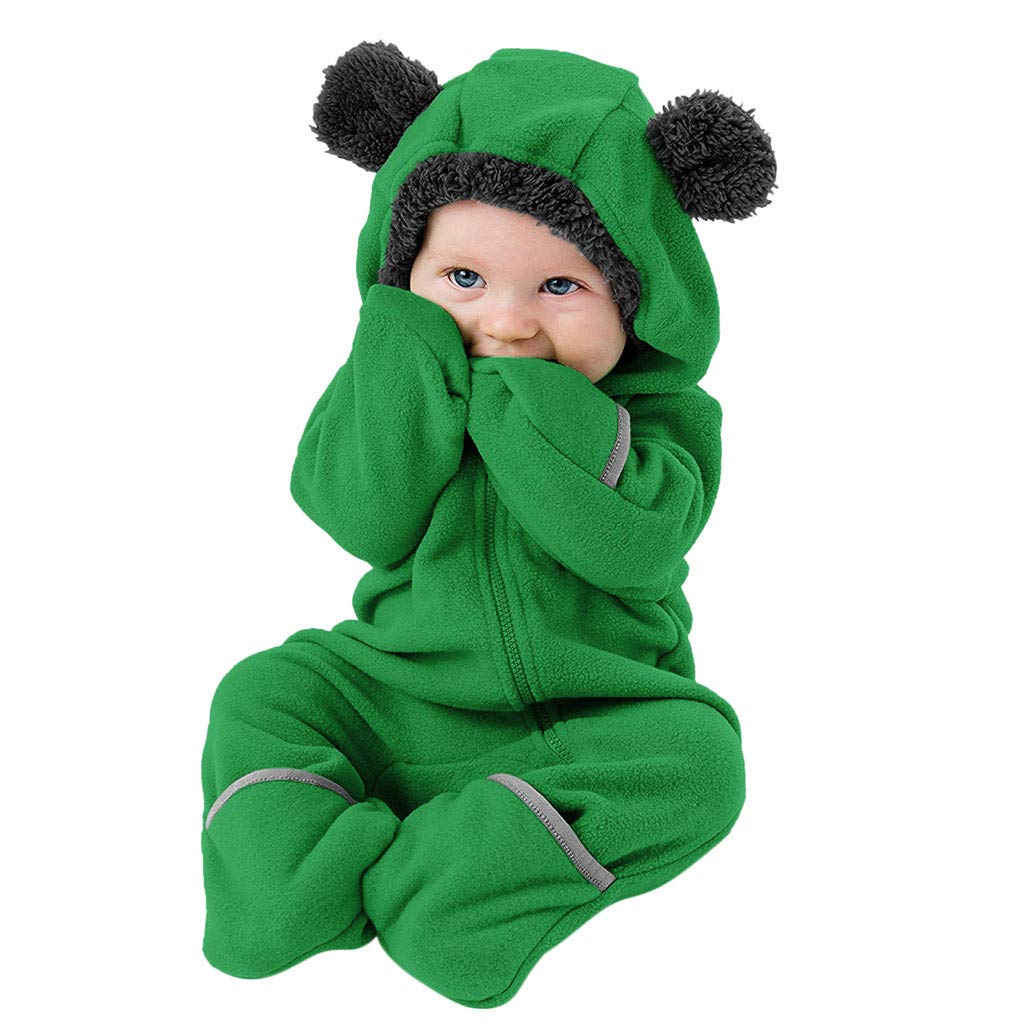 Adorable Fleece Hooded Romper for Baby Boys & Girls - Cartoon Print with Ears - Soft & Cozy Jumpsuit for Infants | Perfect for Playtime, Photo Shoots & Winter Outings