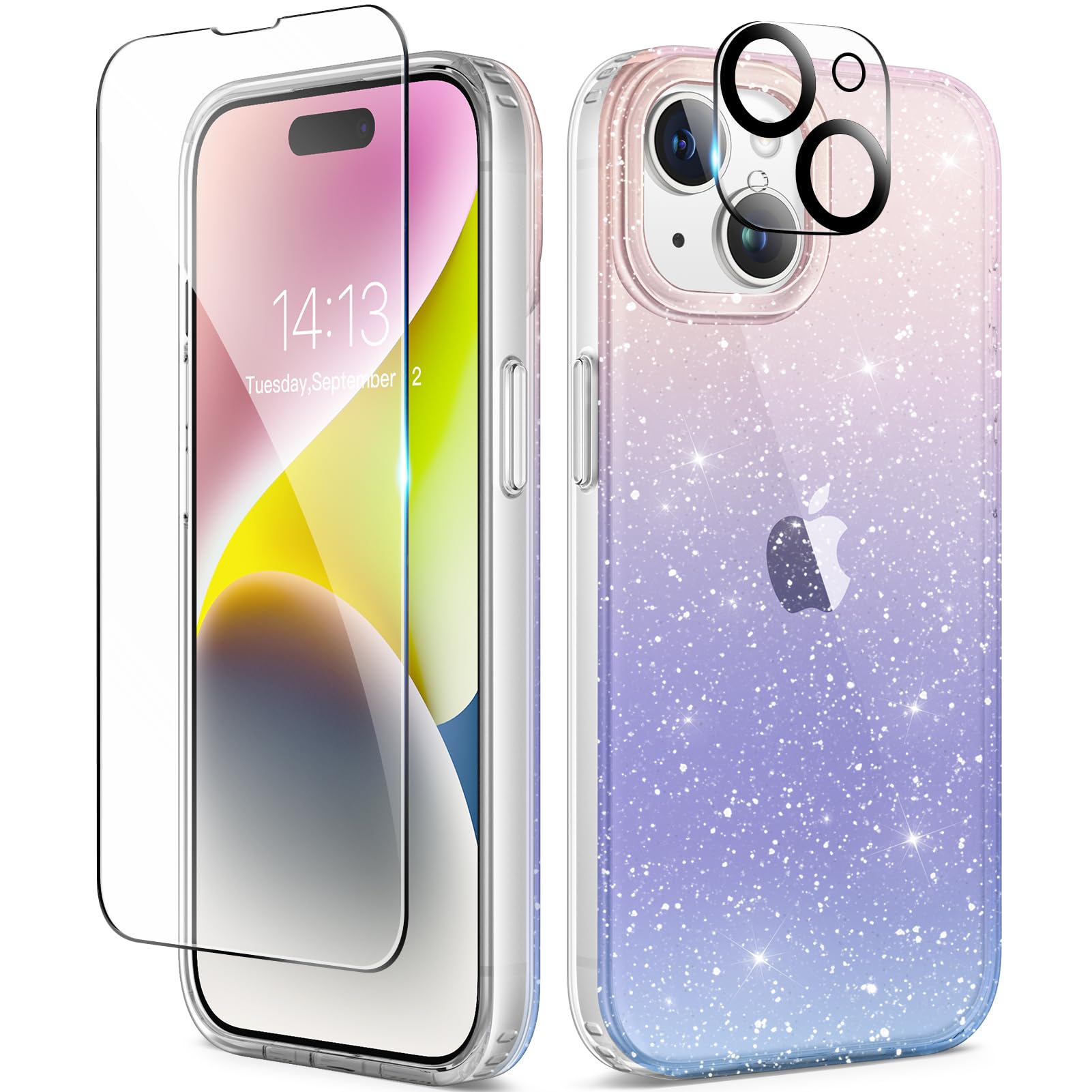3 in 1 iPhone 15 Case with Screen Protector & Camera Lens Cover - Glitter Clear Slim Shockproof Phone Case for Women | 6.1 Inch Non-Yellowing Gradient Design | Perfect for Everyday Use, Work & Travel Protection