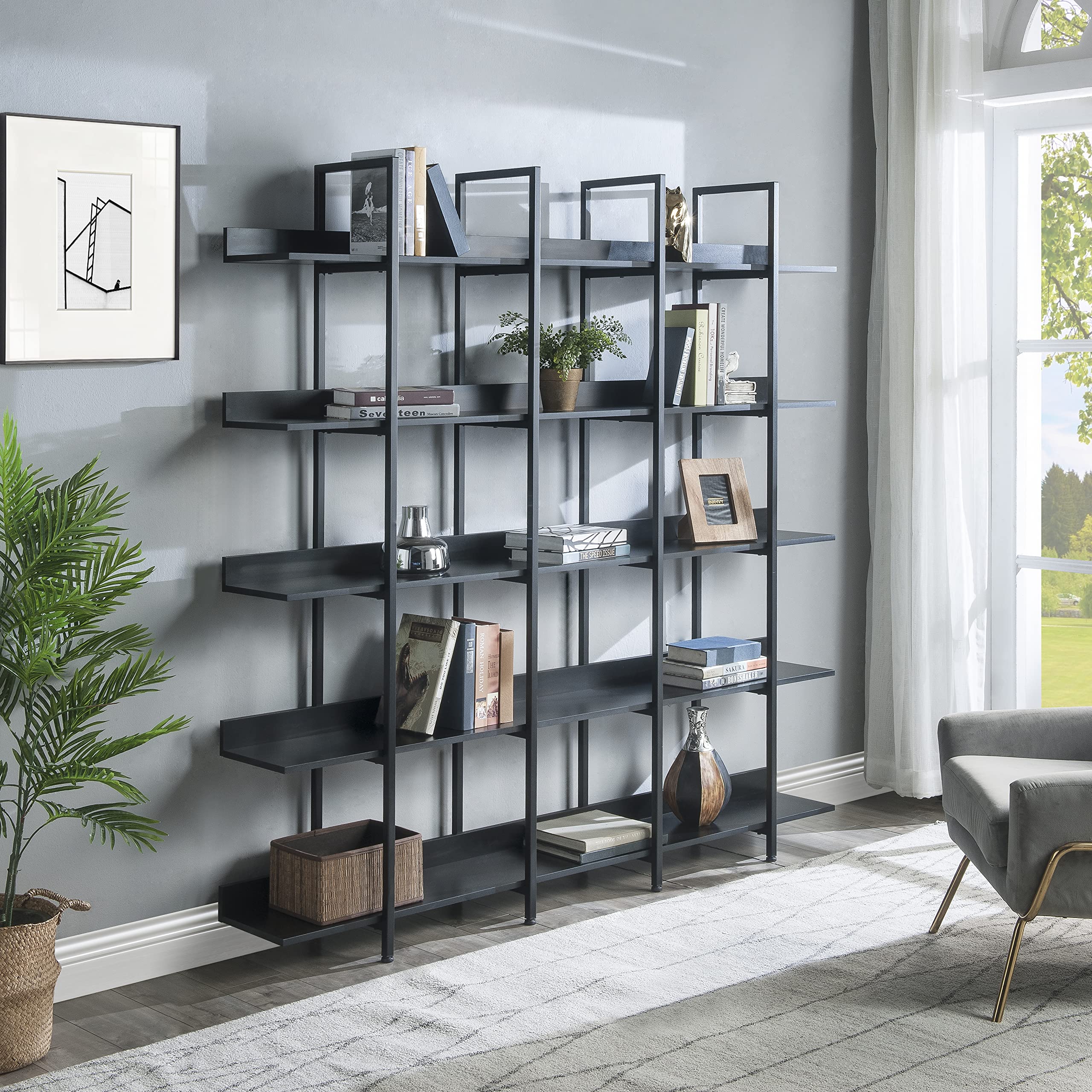 LUMISOL 5-Tier Industrial Bookshelf - Modern Wood & Metal Bookcase for Home Office, Living Room, Bedroom - Open Storage Shelf for Books, Decor & Organizing (Black)