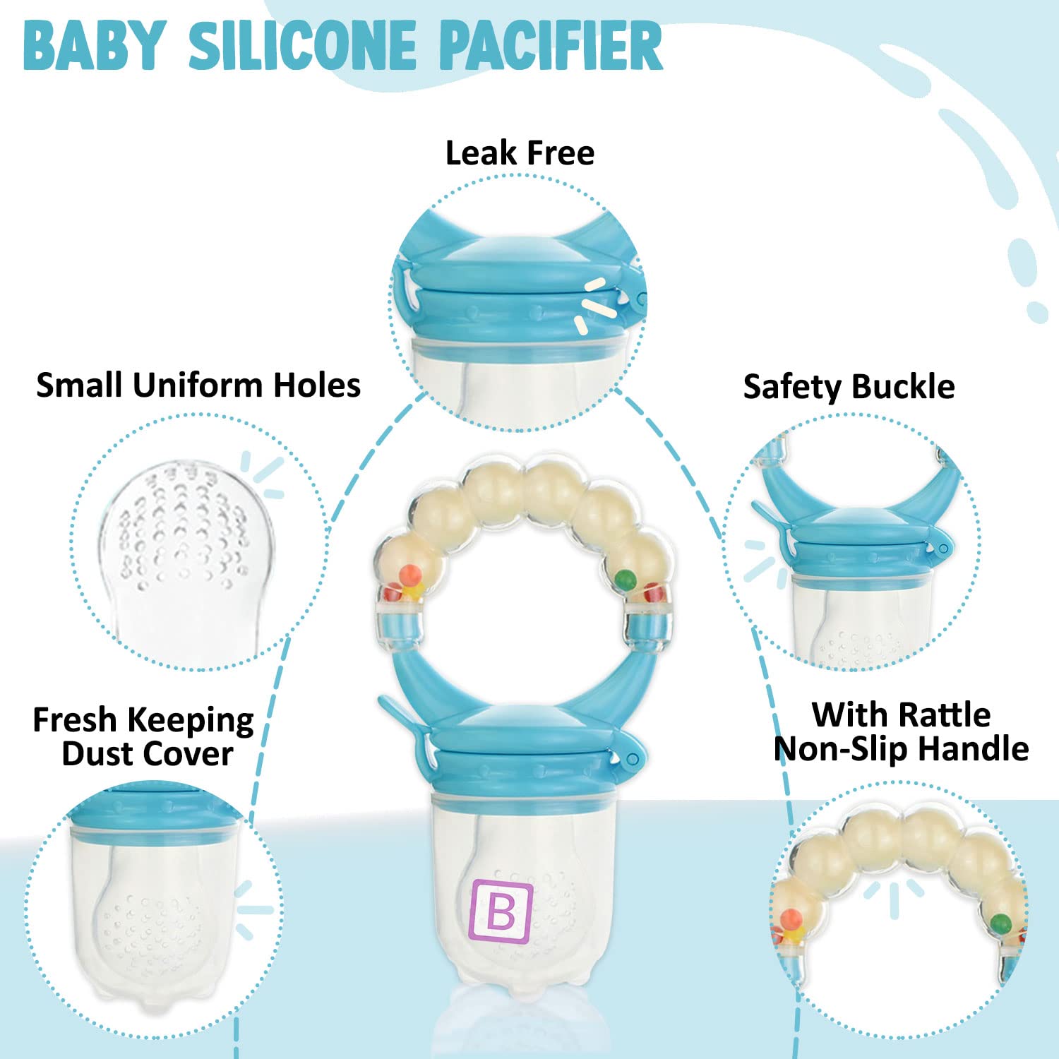 Bembika Baby Nibbler Ring - Blue Silicone Pacifier & Food Feeder for 6-9 Month Old Infants - Safe Teething Toy & Fruit Feeder for Easy Baby Feeding at Home or Travel