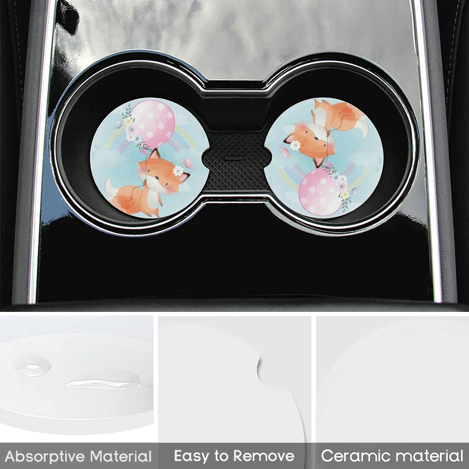4 Pack Absorbent Ceramic Car Coasters for Cup Holders - Cute Fox with Balloon Design, 2.56 Inch Cork Base Auto Accessories with Finger Notch for Easy Removal (Set of 2) - Perfect for Cars, Trucks, SUVs & Office Desks