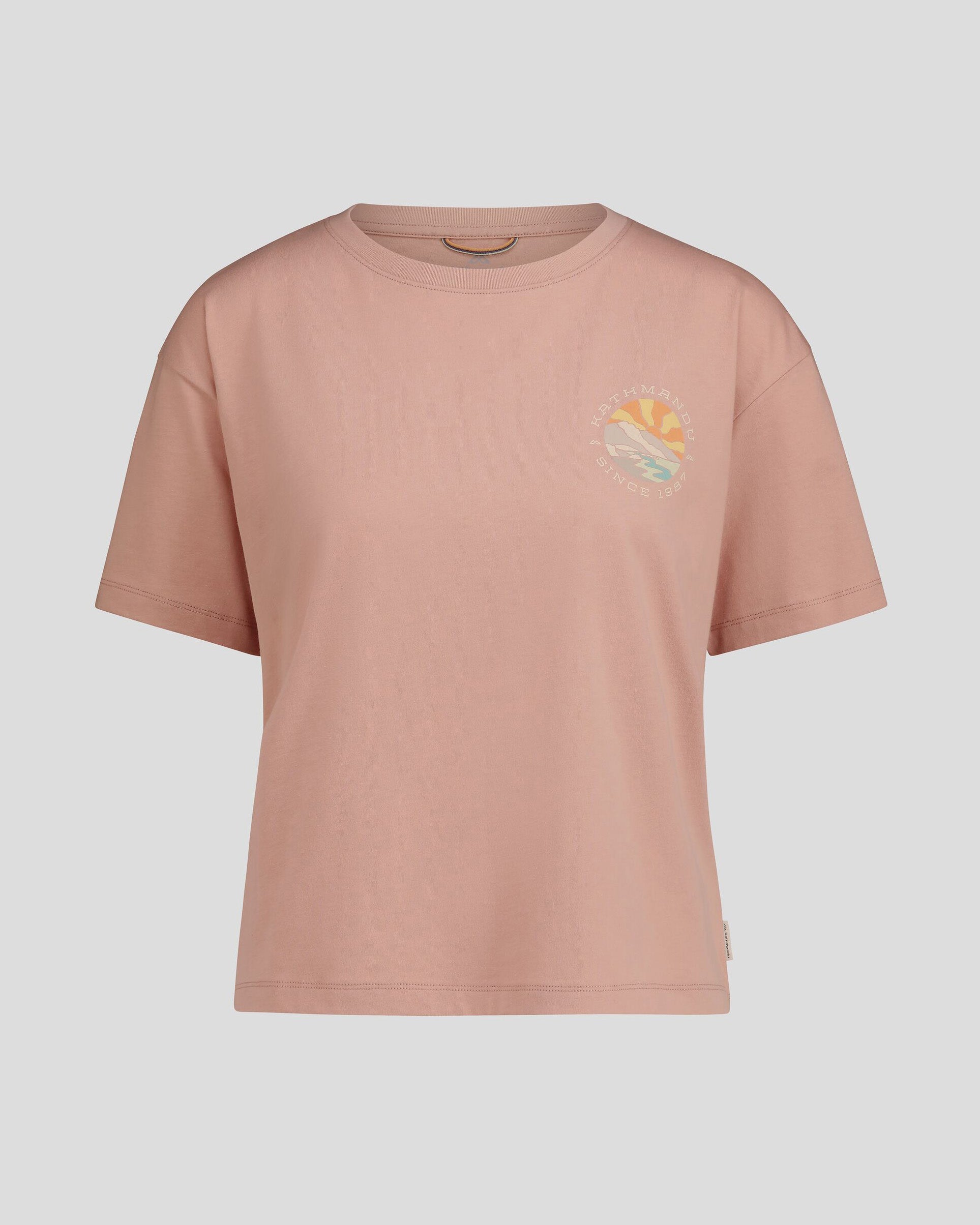 Women's Kathmandu Logo Sunburst Organic Cotton T-Shirt - Soft Mineral Wash Tee for Casual Wear & Outdoor Adventures