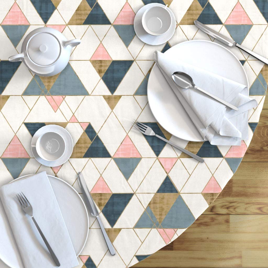Custom Pink Blue Gold Geometric Triangle Midcentury Modern Cotton Sateen Tablecloth 90