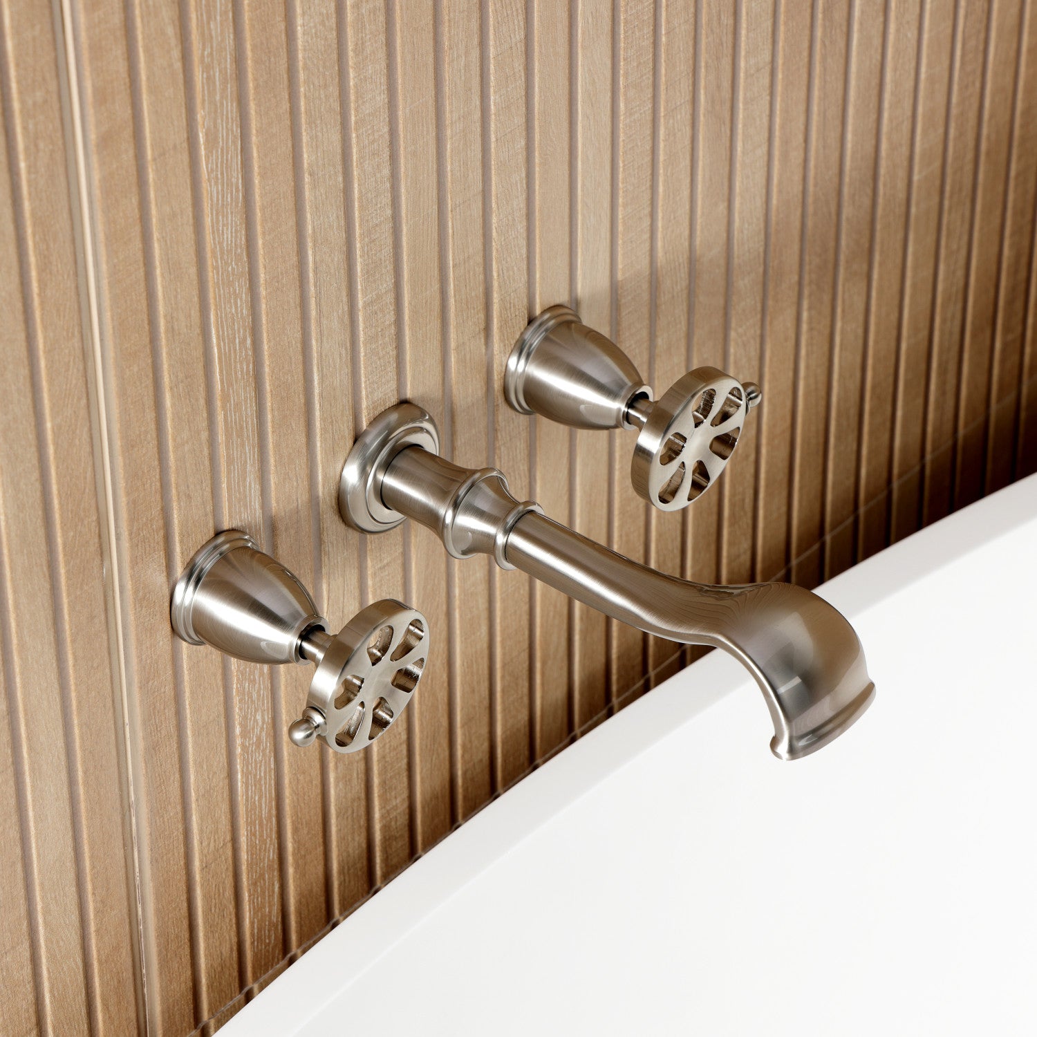 Belknap KS5028RX Brushed Nickel Roman Tub Faucet - 3 Hole Wall Mount Two Handle Bathroom Fixture for Spa, Luxury Bath & Master Suite Installation