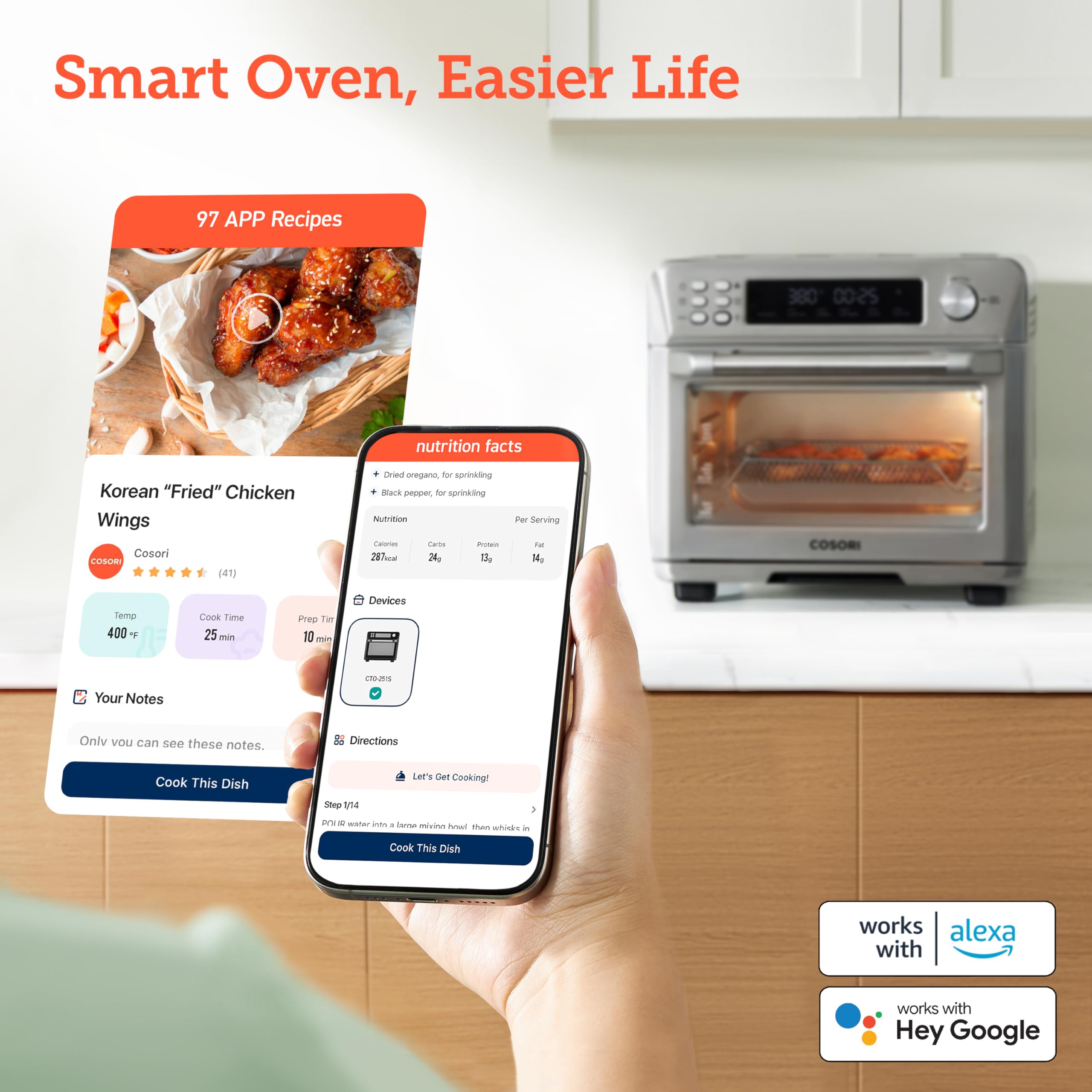 COSORI Smart 12-in-1 Air Fryer Toaster Oven Combo with Convection, 26QT Countertop Oven for Baking, Roasting, Reheating, Broiling & Dehydrating - Includes 75 Recipes & 3 Accessories, Stainless Steel - Perfect for Healthy Cooking, Meal Prep & Family Dinners