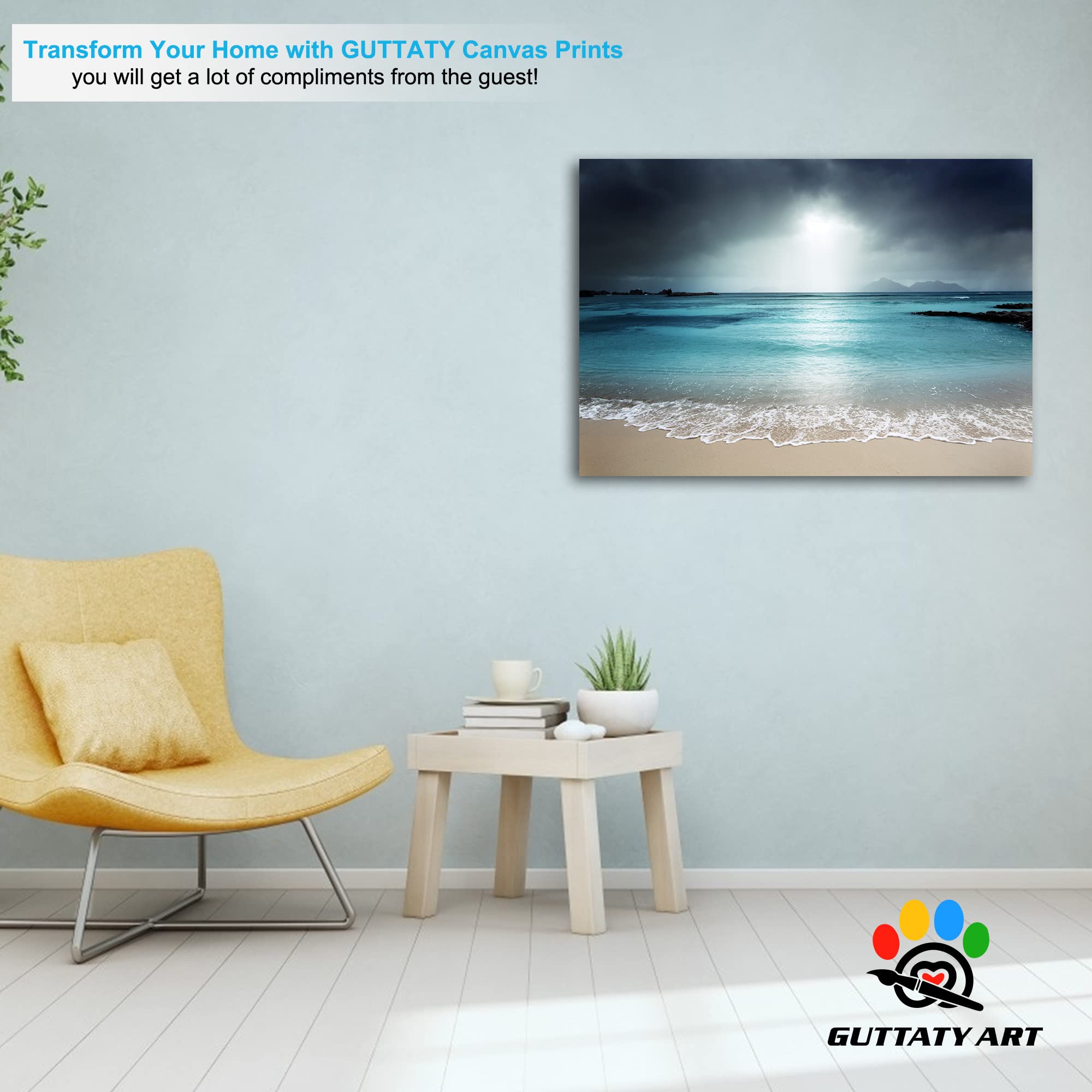 GUTTATY Large Moonlight and Beach Canvas Wall Art - Coastal Ocean Painting for Living Room Decor, Framed Seascape Canvas Print (28x40 Inches) - Perfect for Beach House, Bedroom, or Office Wall Decoration