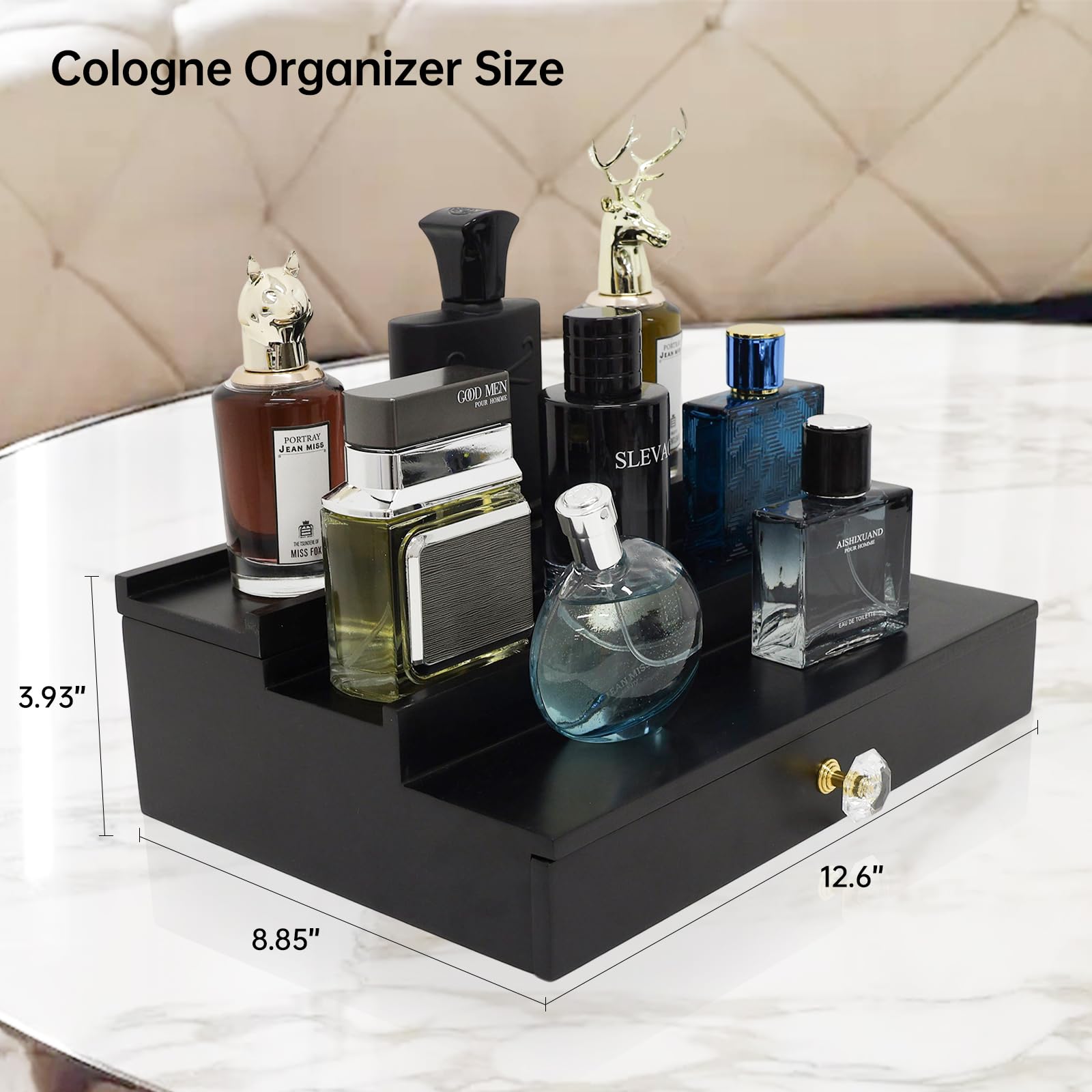 Premium 3-Tier Wooden Cologne Organizer for Men - Black Perfume Display Stand with Storage Drawer, Countertop Organizer & Cologne Holder - Perfect Gift for Dresser, Bathroom, or Vanity Organization