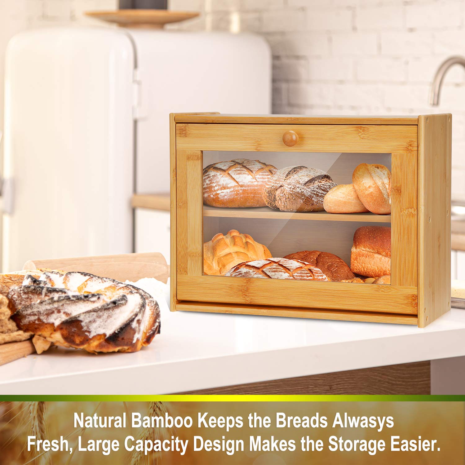 2-Tier Bamboo Bread Box with Acrylic Window - Countertop Bread Bin & Dry Food Storage Container for Kitchen, Pastries, Loaf, Fruits, Jam - Easy Self-Assembly for Organized Pantry & Baking Needs