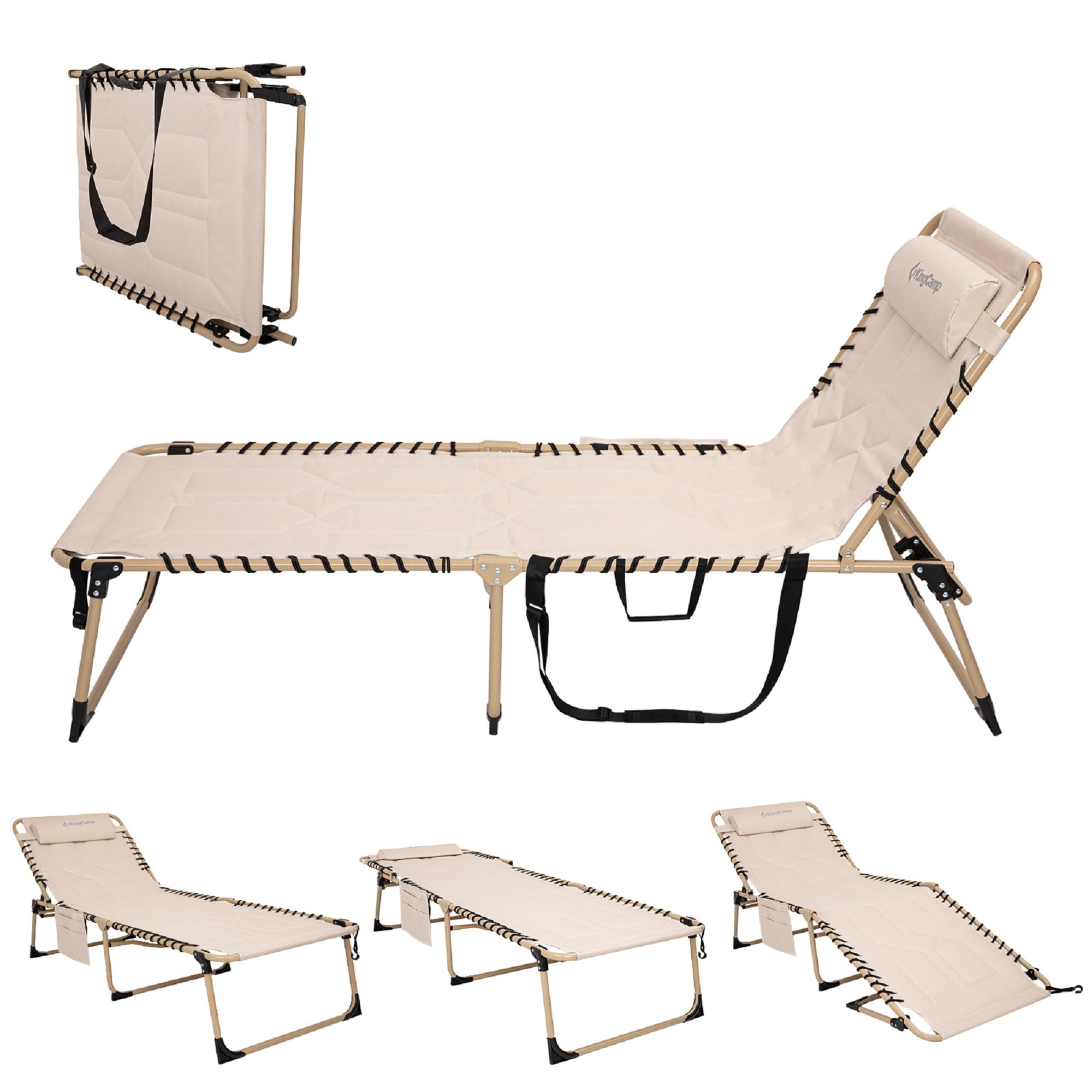 KingCamp Oversized Padded Folding Chaise Lounge Chair - Heavy Duty Adjustable Recliner with Pillow & Storage Pocket for Outdoor, Patio, Beach, Pool - Perfect for Sunbathing, Tanning & Relaxing in Beige