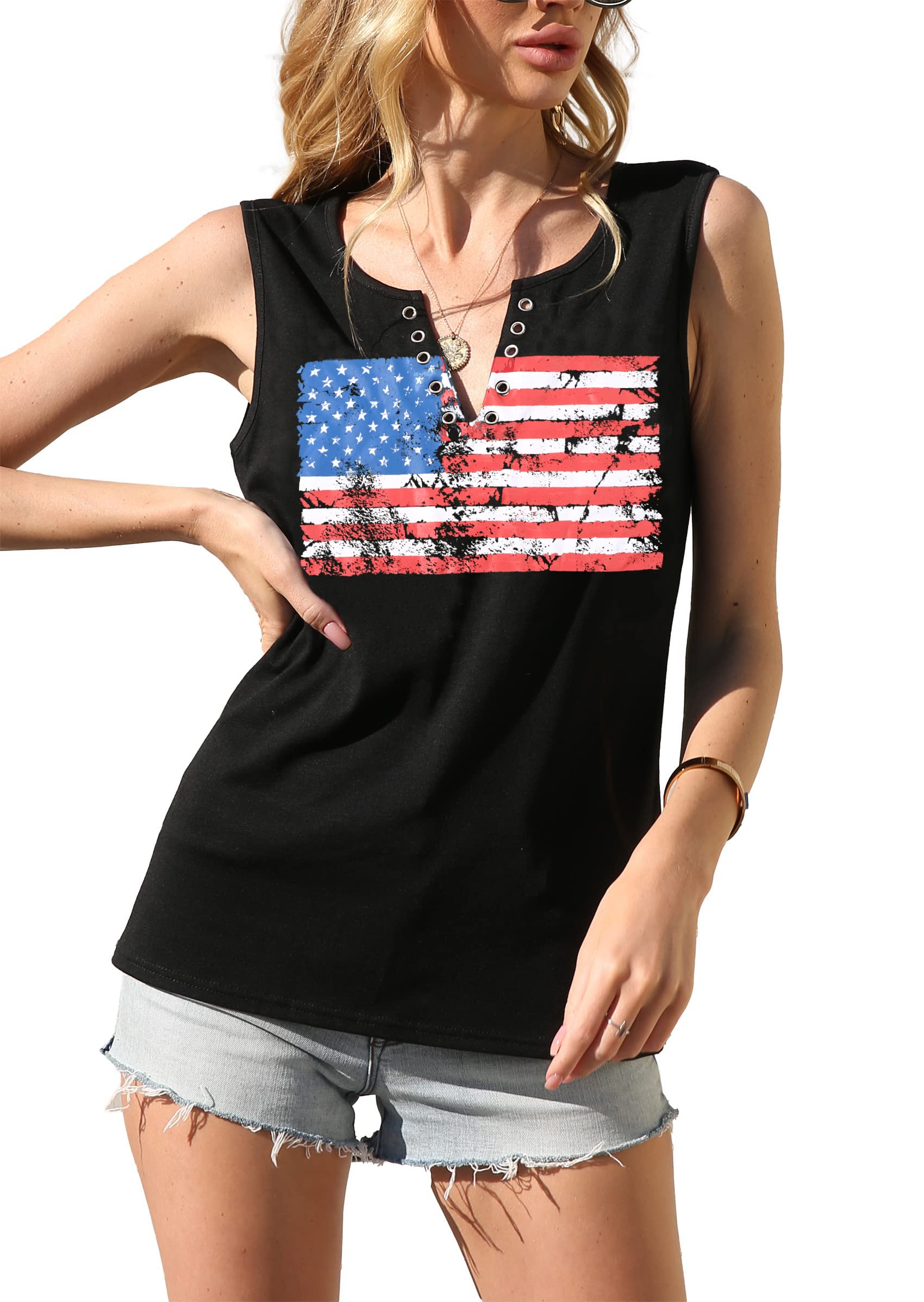 American Flag Tank Tops for Women - Sleeveless V-Neck Patriotic Shirts with Ring Hole Design | Stars & Stripes Summer T-Shirts | Perfect for 4th of July, BBQ Parties & Outdoor Events