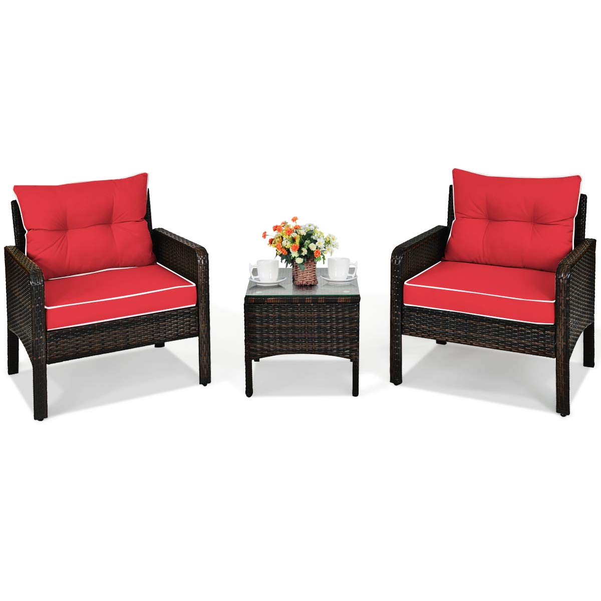 HAPPYGRILL 3-Piece Outdoor Patio Furniture Set - Rattan Wicker Coffee Table & Chairs with Cushions - Garden, Balcony, Backyard & Poolside Conversation Set for Relaxing & Entertaining