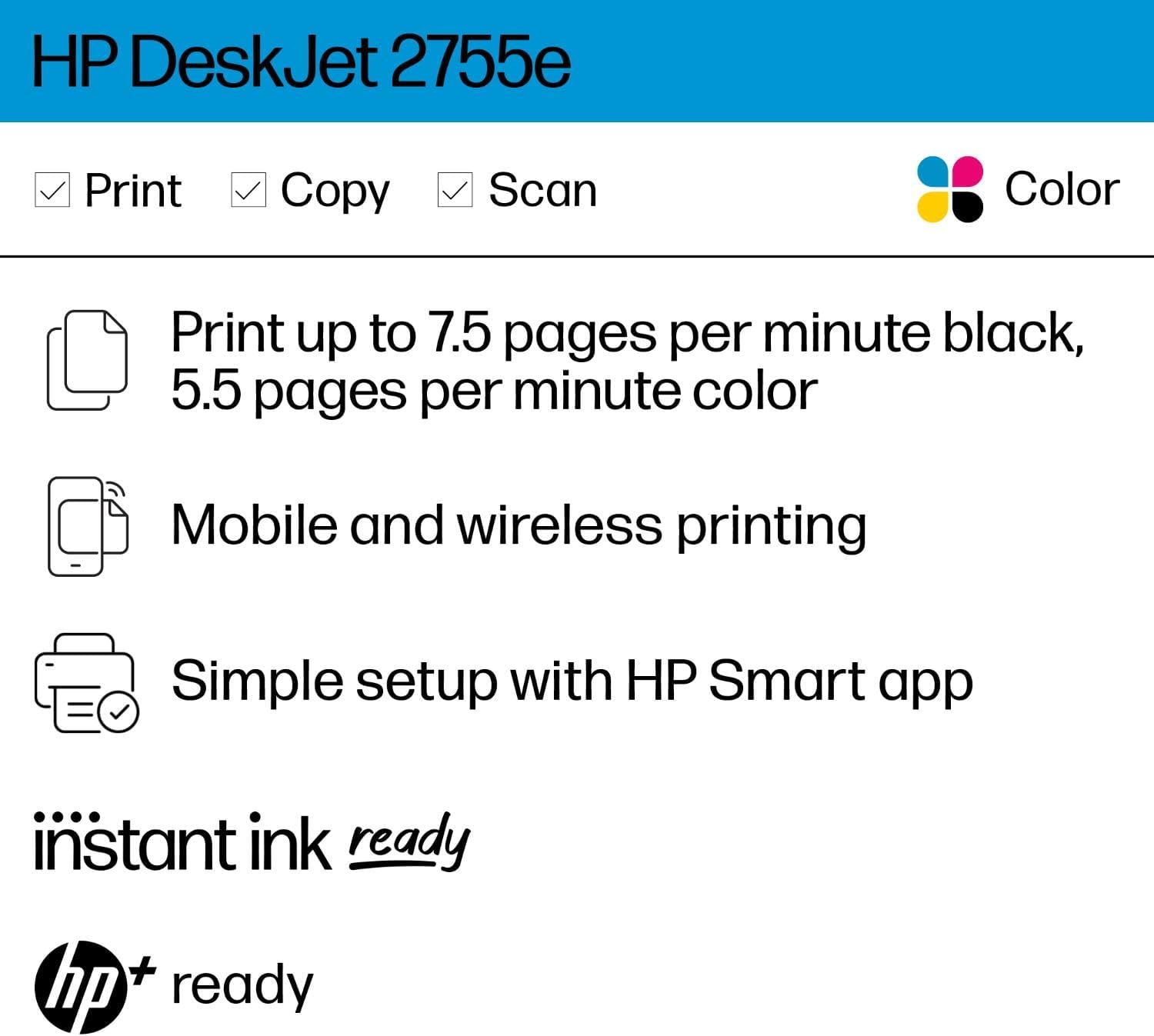 HP DeskJet 2755e Wireless All-in-One Printer with Scanner, Copier | 3 Months Free Instant Ink | Home Office & Remote Work Printing Solution