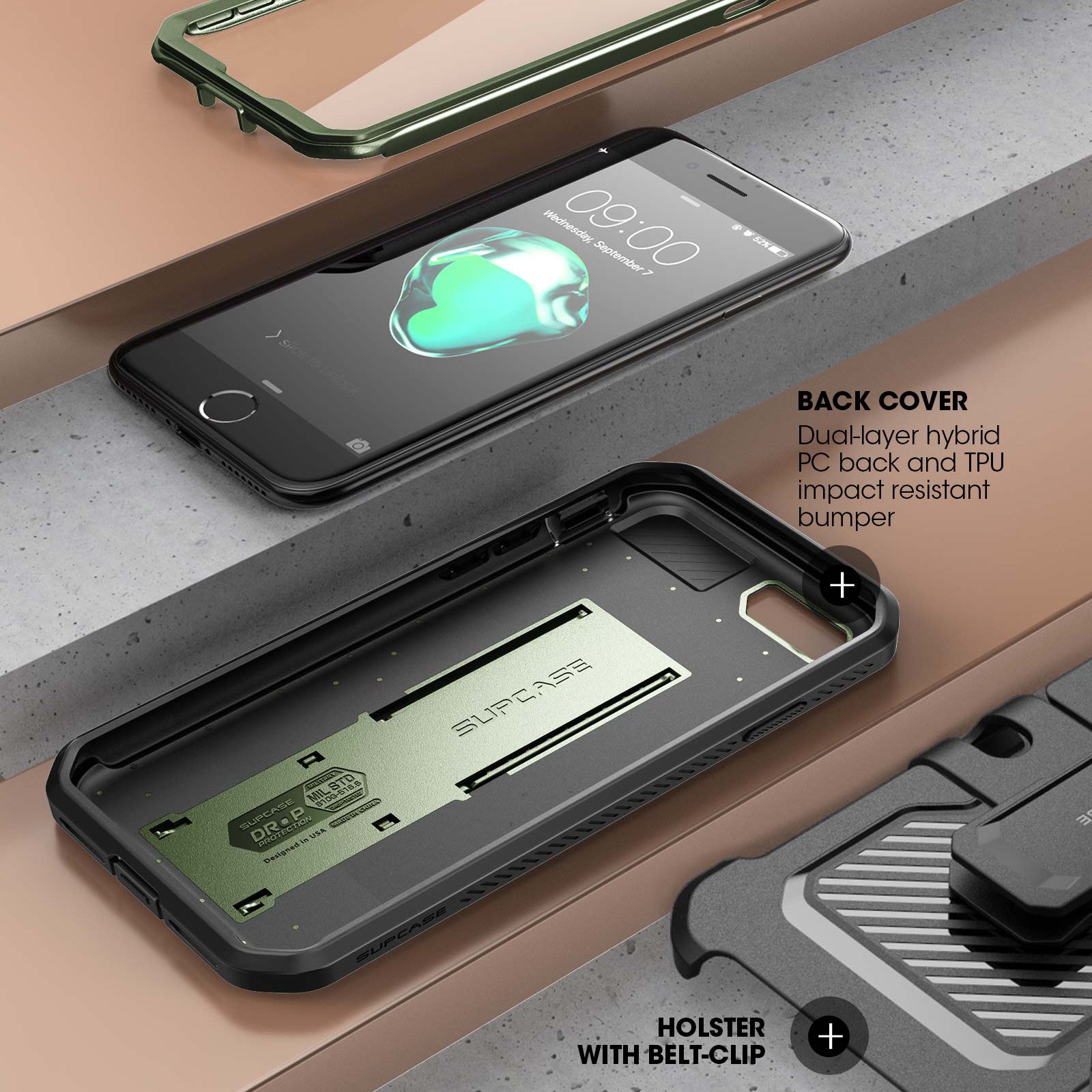 iPhone 7/8 Unicorn Beetle Pro Rugged Full-Body Protective Case with Built-in Kickstand - Dark Green | Shockproof Cover for Outdoor, Work & Daily Use