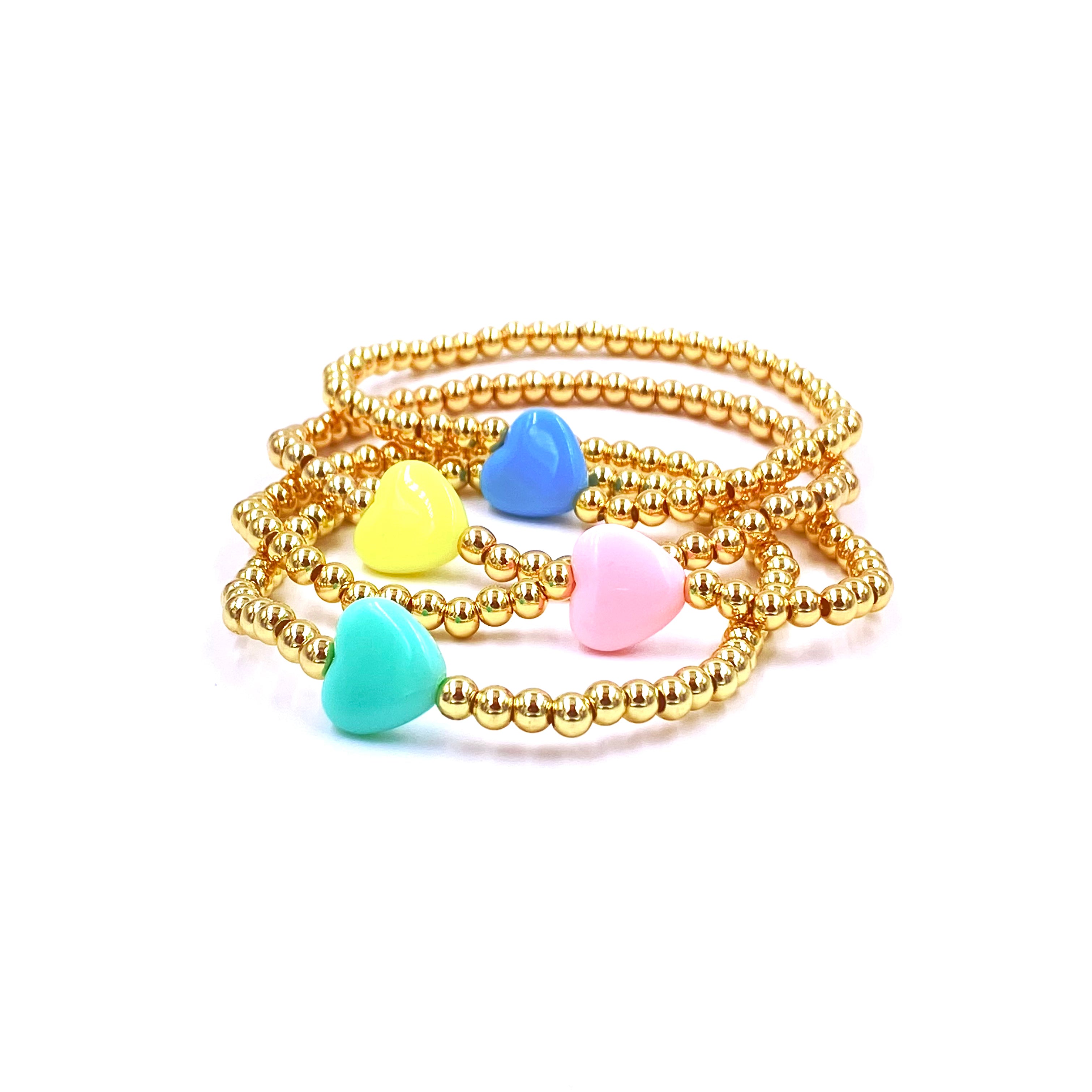 Ashley Gold Stainless Steel Beaded Stretch Bracelet with Enamel Heart Charm - Elegant Jewelry for Women, Perfect for Valentine's Day Gifts, Anniversary Presents & Everyday Wear
