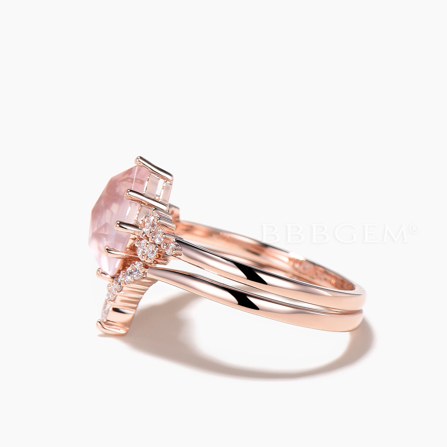 Natural Rose Quartz Engagement Ring & Wedding Band Set - Rhomboid Kite Cut Diamond Bridal Jewelry for Proposals, Anniversaries & Special Occasions