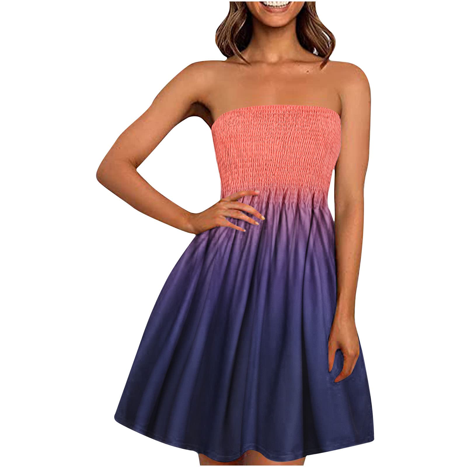 XUNRYAN Women's Bohemian Strapless Elastic Band Floral Print Dress - Perfect for Beach Vacations, Summer Parties & Casual Outings