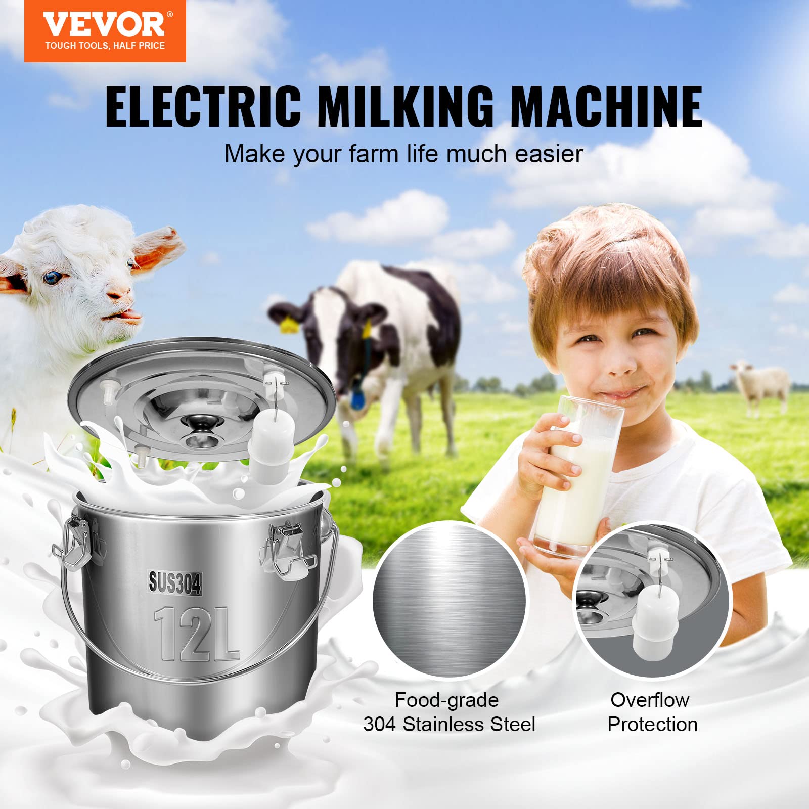 VEVOR Electric Goat Milking Machine - 12L 304 Stainless Steel Bucket with Automatic Pulsation Vacuum System | Portable Milker with Food-Grade Silicone Cups & Tubes | Adjustable Suction for Cows, Sheep & Goats | Perfect for Small Farms, Homesteads & Dairy Production