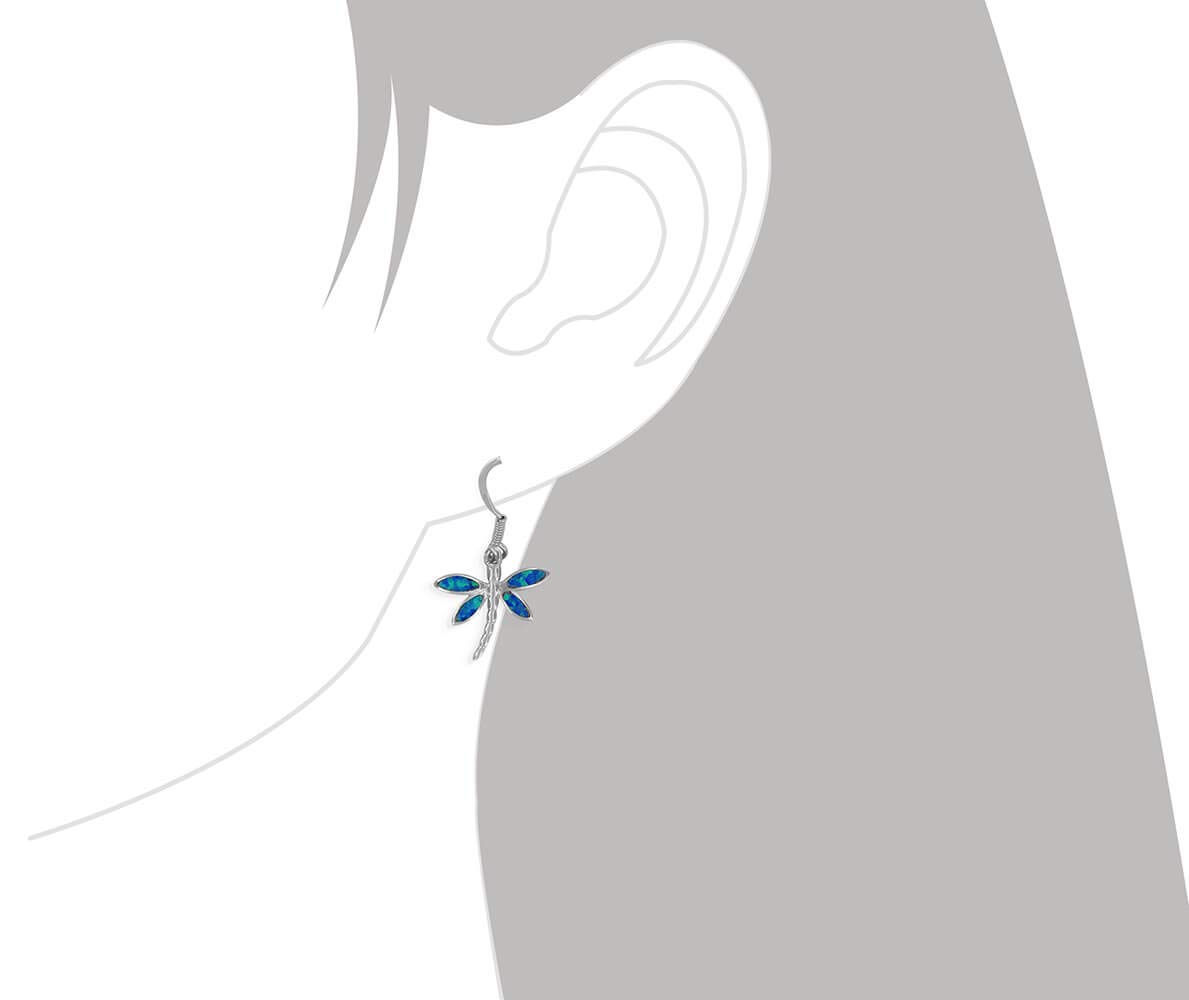 Sterling Silver Synthetic Blue Opal Dragonfly Dangle Earrings for Women - Elegant Bohemian Jewelry Gift for Party, Wedding & Everyday Wear