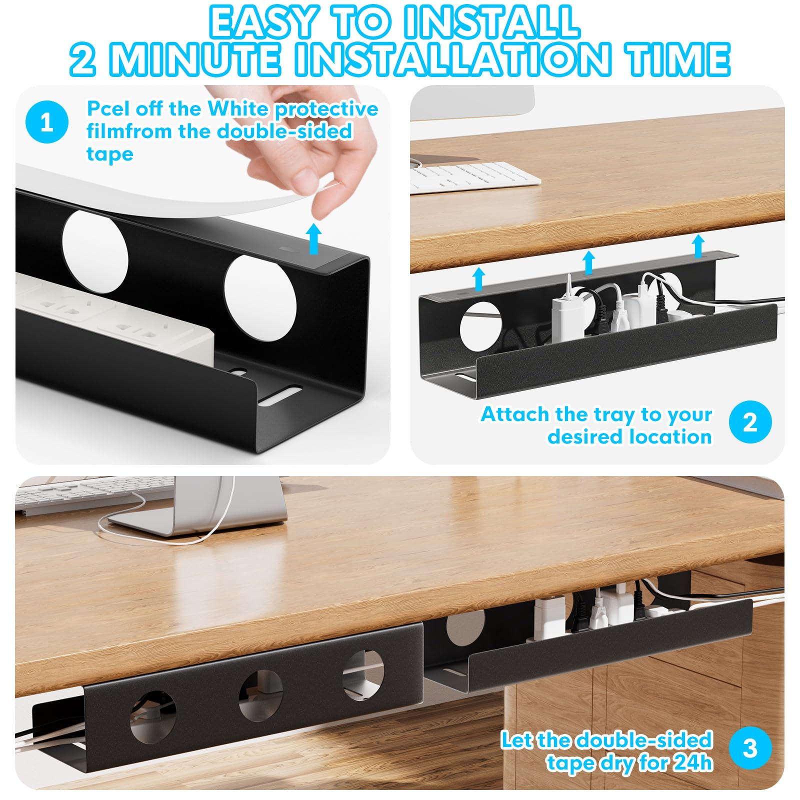 Self-Adhesive Under Desk Cable Management Tray - 2 Pack Steel Wire Organizer for Power Strips, No Drill Installation - Perfect for Office & Home Desk Cable Storage & Organization