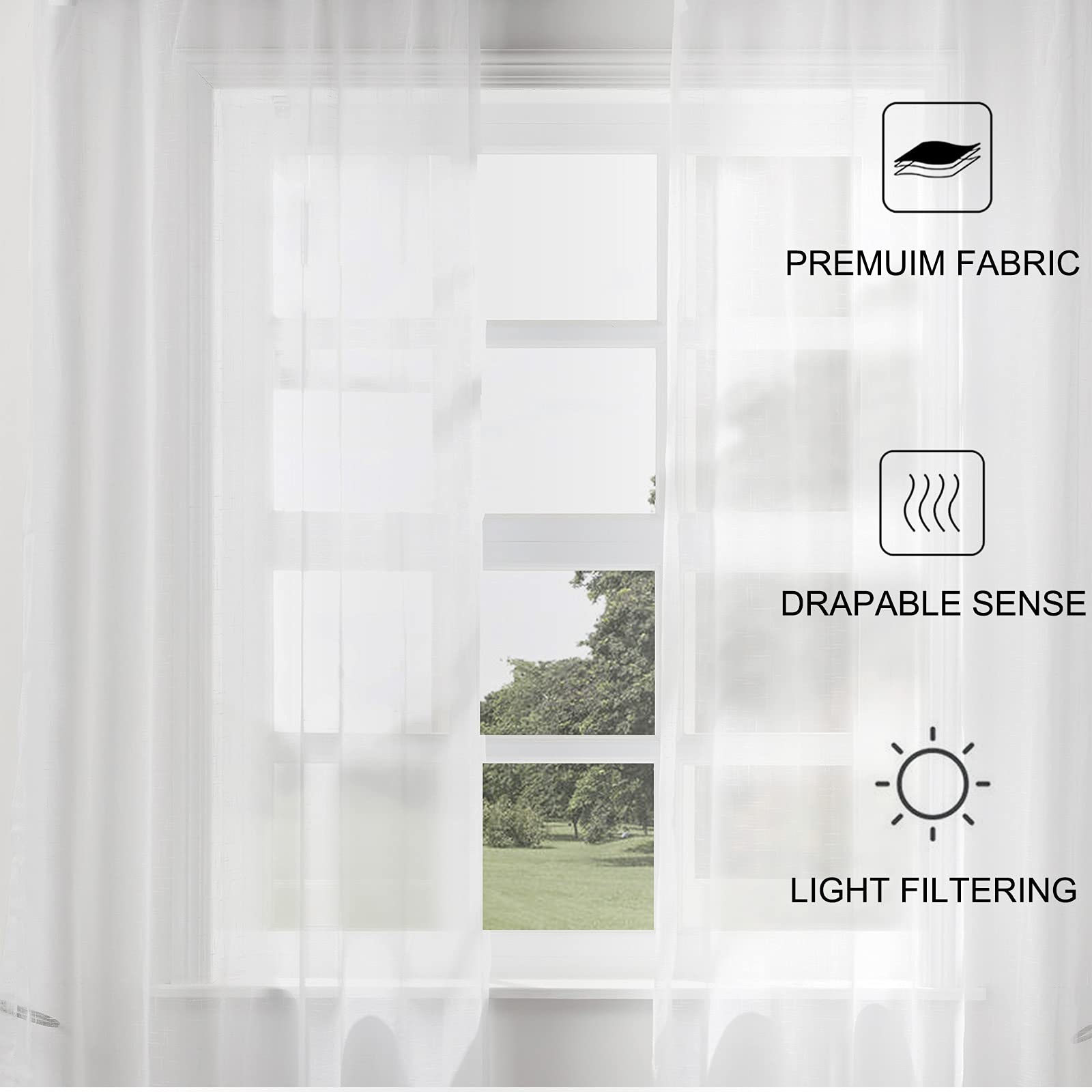 ChadMade Sheer Linen Curtains - 2 Panels White Semi-Sheer Grommet Drapes 120