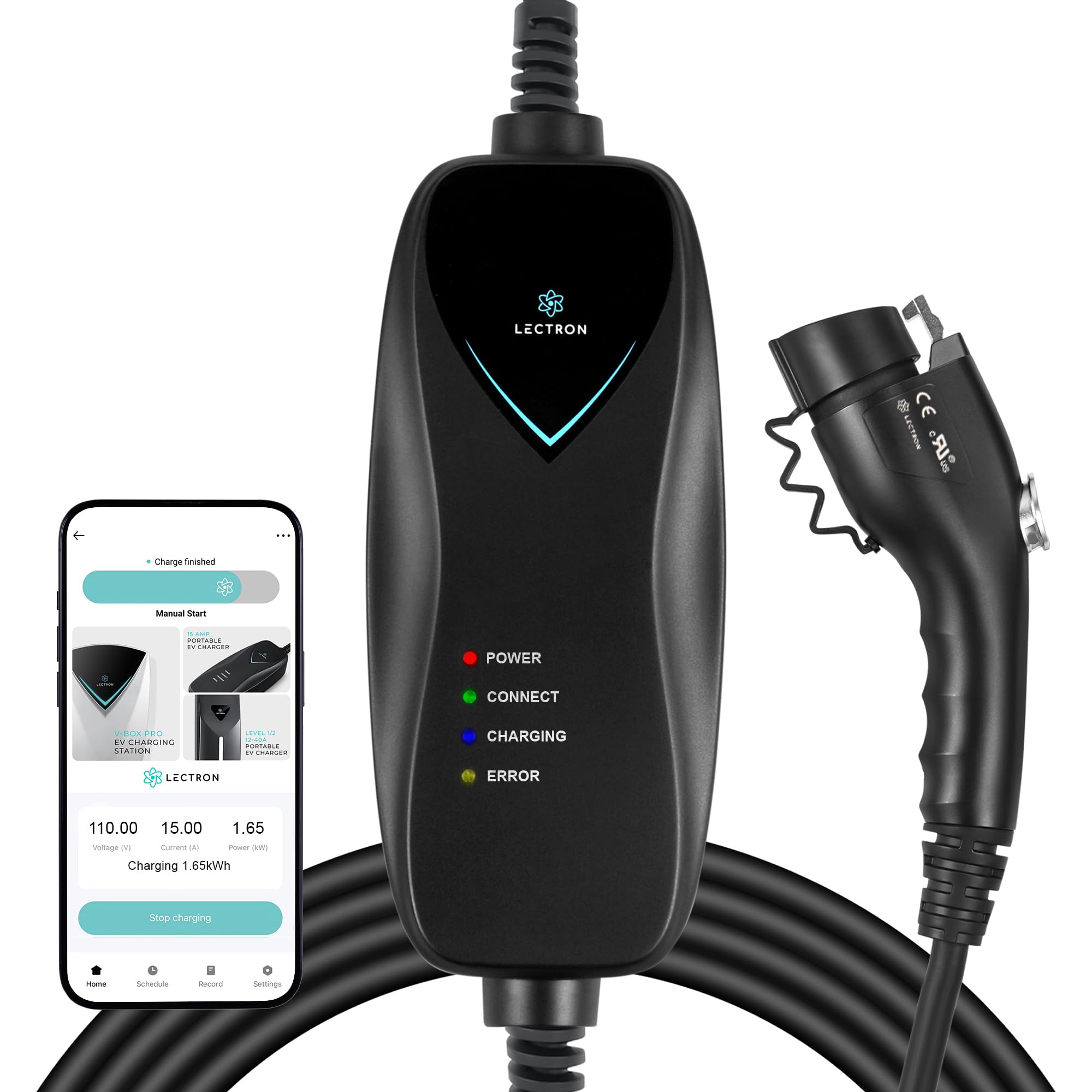 Lectron Level 1 J1772 EV Charger (WiFi Enabled) - 110V, 15 Amp, NEMA 5-15 Plug, 16ft Cable - Portable Electric Vehicle Charger for Home & Travel | Compatible with Chevy Volt, Nissan Leaf, Tesla (with Adapter) | Perfect for Garage, Apartment & Road Trip Charging