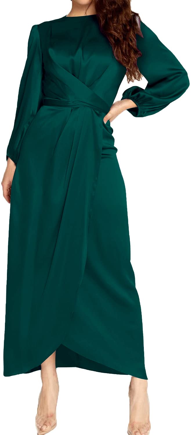 Elegant Empire Waist Long Sleeve Satin Maxi Dress for Women | Formal Evening Gown & Wedding Guest Dress | Perfect for Parties, Prom, Cocktail Events