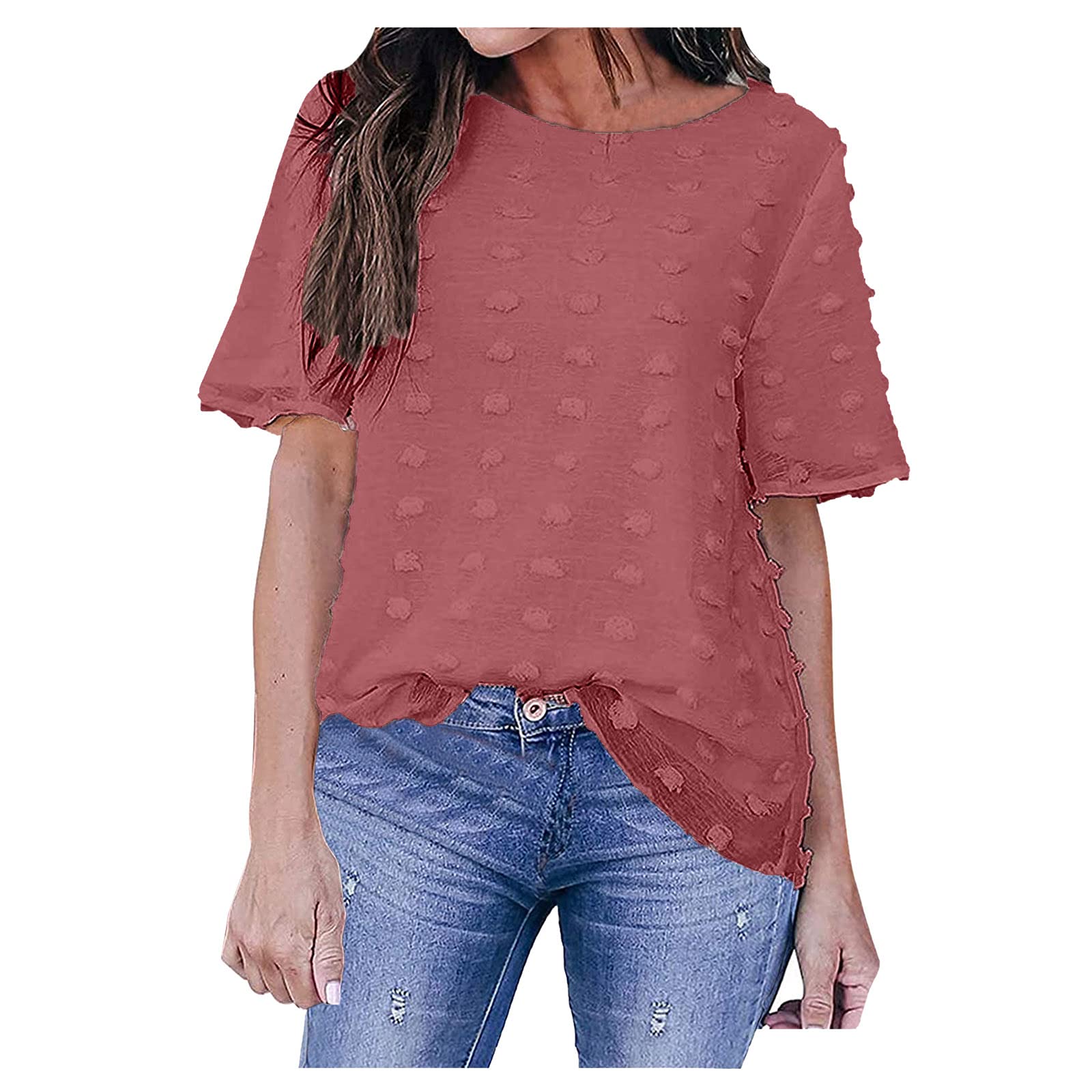 Women's Loose Fit Round Neck Short Sleeve Chiffon Blouse with Dot Print - Breathable Casual T-Shirt Top for Summer Outfits, Office Wear & Daily Basics