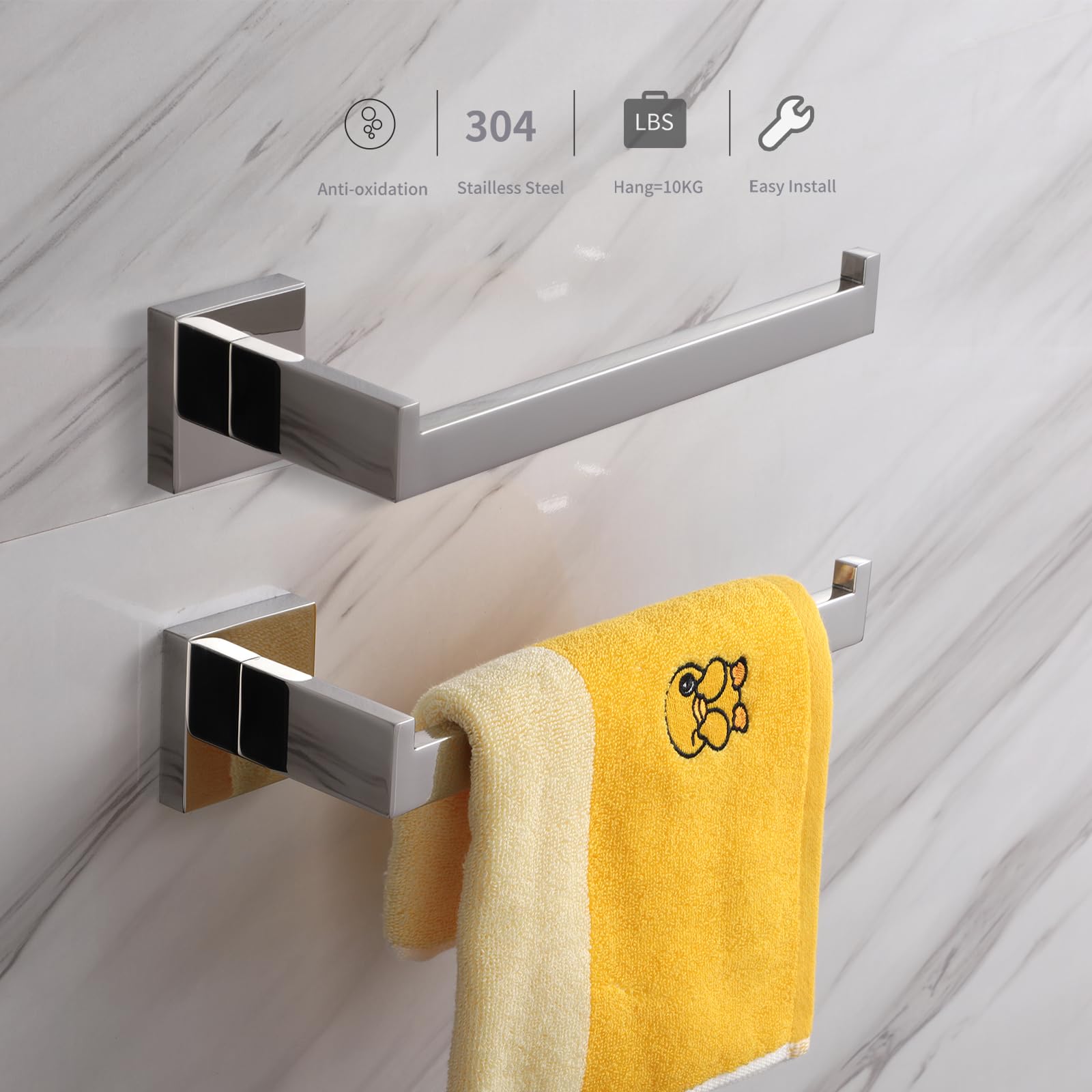 Chrome Silver 10-Inch Right Side Square Hand Towel Holder - Wall Mount Stainless Steel Towel Bar & Ring for Bathroom, Kitchen & Lavatory - Polished Towel Racks Hanger (A8806CP) - Perfect for Small Spaces & Modern Home Decor