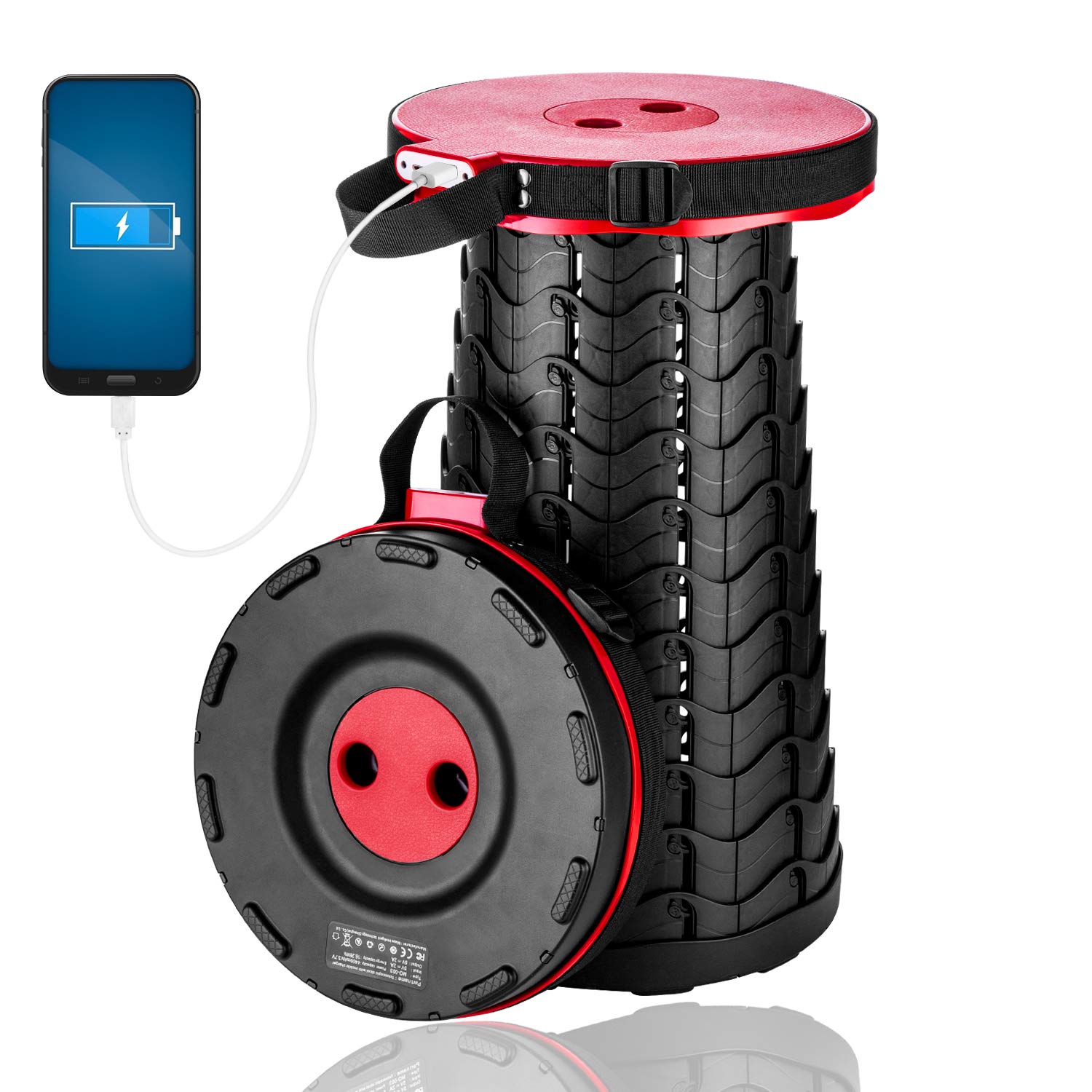 Portable Telescopic Stool with 4400mAh Power Bank - Built-in USB Charger for iPhone & Android Phones - 3rd Gen Foldable Camping Stool for Indoor, Outdoor, Gardening, Hiking & Picnics - Supports 400lbs Weight Capacity (Red)