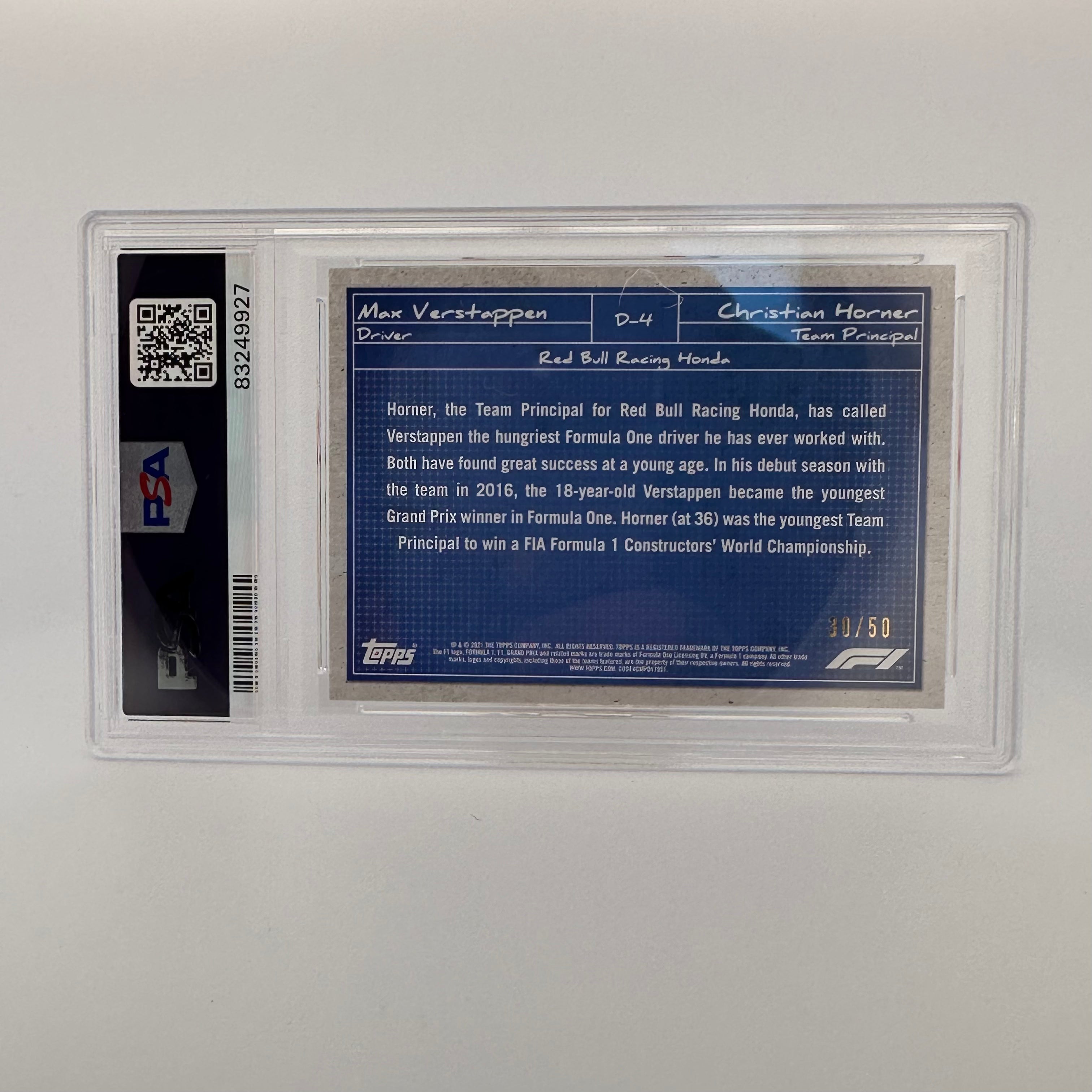 PSA 8 Graded 30/50 Max Verstappen & Christian Horner Debrief #D4 Gold - Perfect for F1 Collectors, Racing Memorabilia Displays, and Sports Card Investors