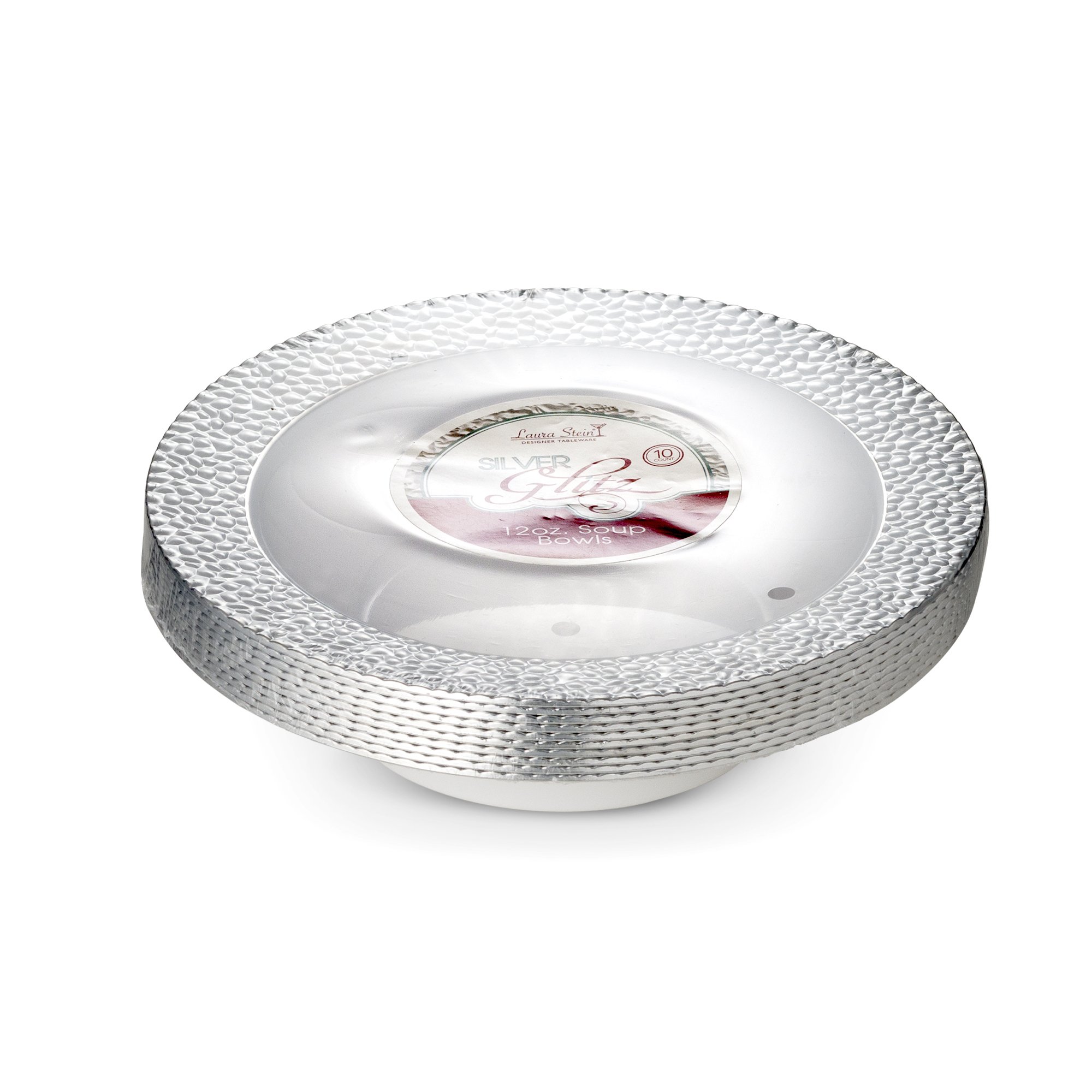 Laura Stein 12oz Plastic Soup Bowls - 8 Pack, Silver Border for Parties & Weddings
