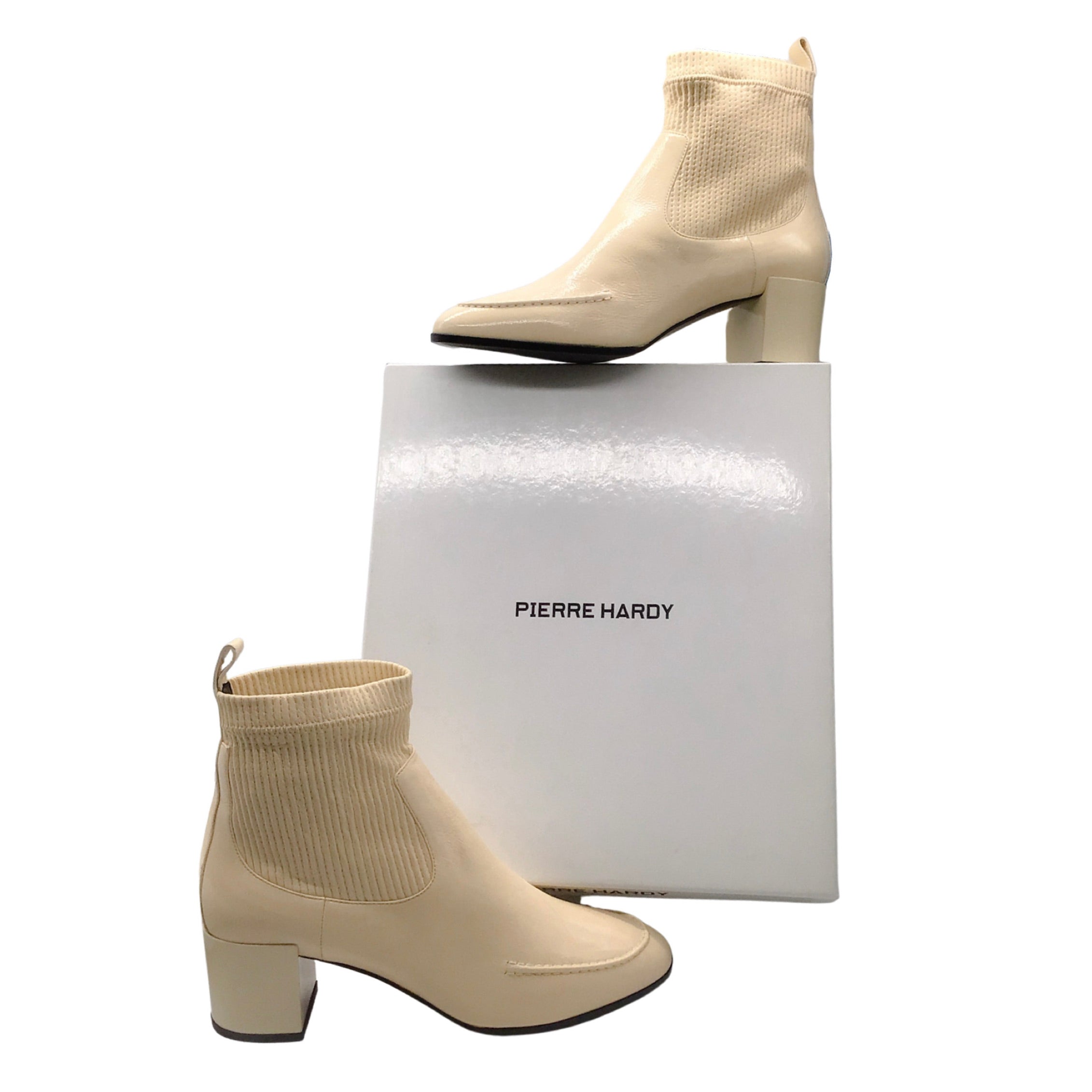 Pierre Hardy Ivory Patent Leather Ankle Boots - Women's Fashion Chunky Heel Booties for Fall/Winter - Perfect for Office, Party & Night Out