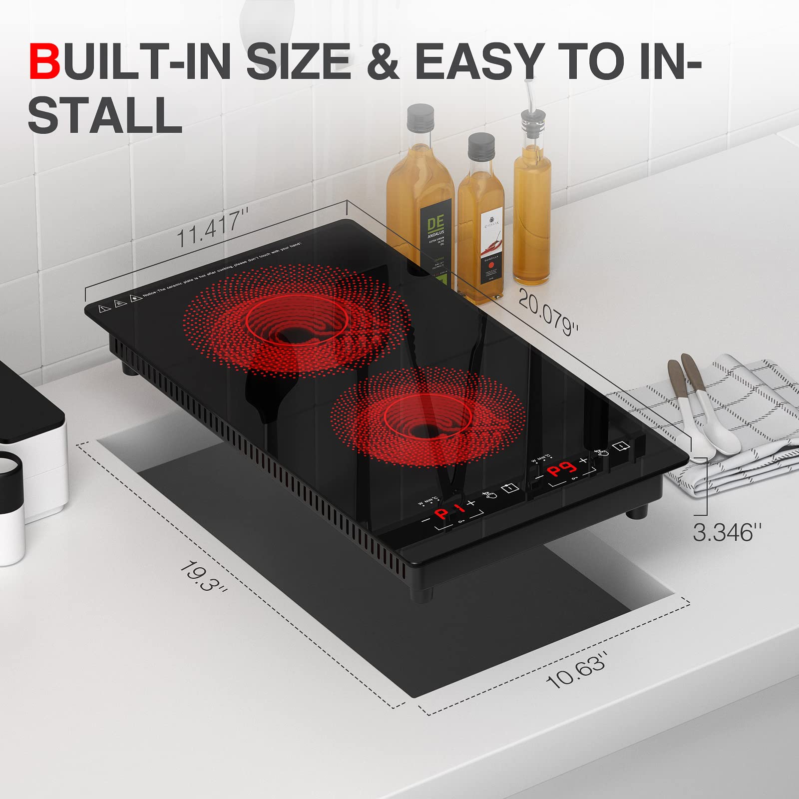 2 Burner Electric Cooktop 110V, 9 Power Levels with Child Safety Lock & Overheat Protection - 12 Inch Built-in Induction Hot Plate for Kitchen, RV, Dorm Cooking | Perfect for Small Spaces & Countertop Use