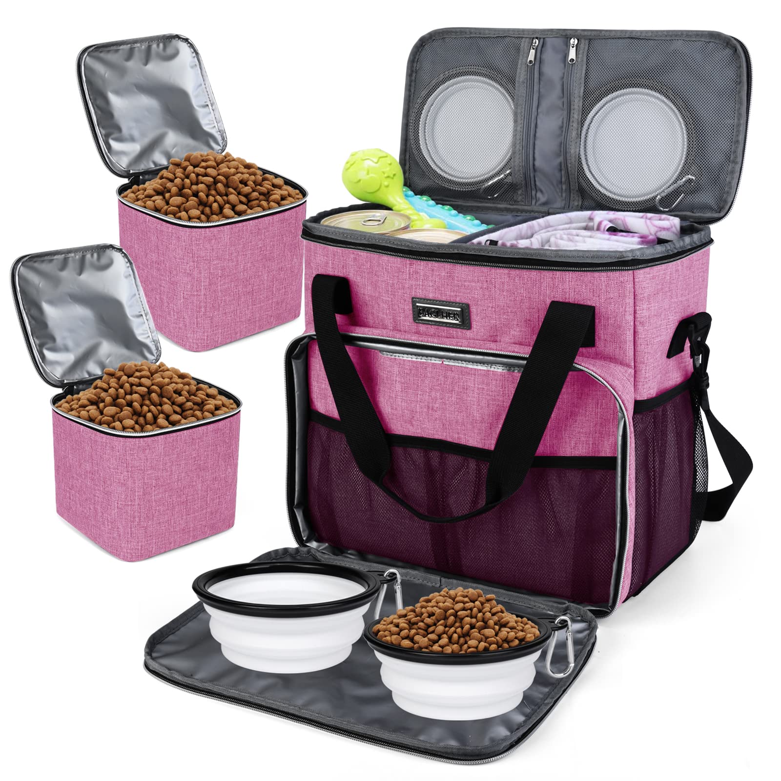 BAGLHER Dog Travel Bag - Waterproof Pet Carrier with 2 Food Containers & Collapsible Bowls | Essential Travel Accessories for Dogs & Cats | Perfect for Road Trips, Airplane Travel & Outdoor Adventures (Pink)