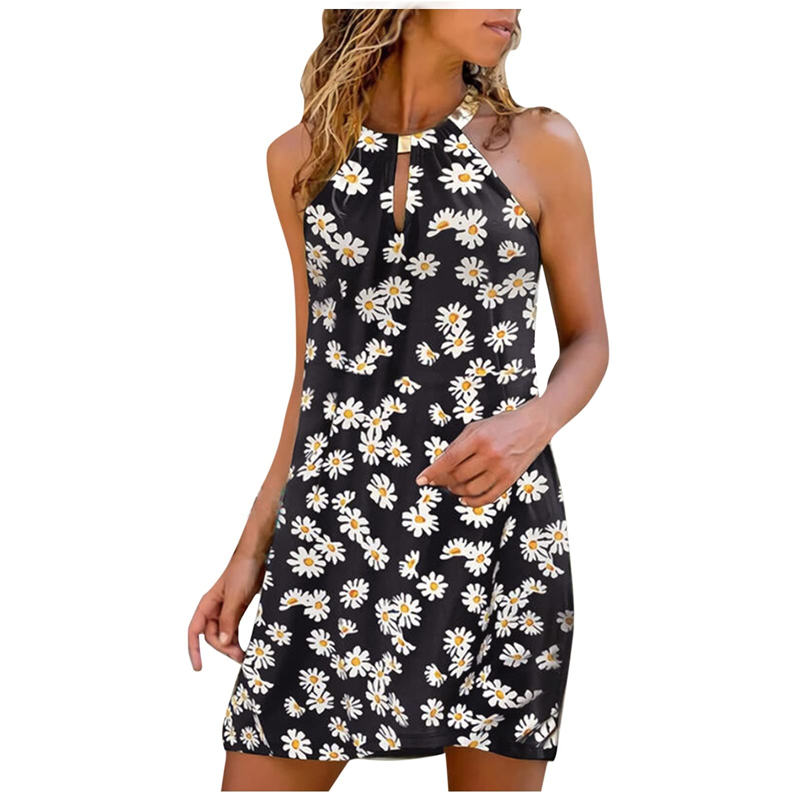 iQKA Women's Summer Casual Sleeveless Halter Neck Tank Dress - Loose Fit Mini Sundress for Beach, Vacation & Outdoor Activities